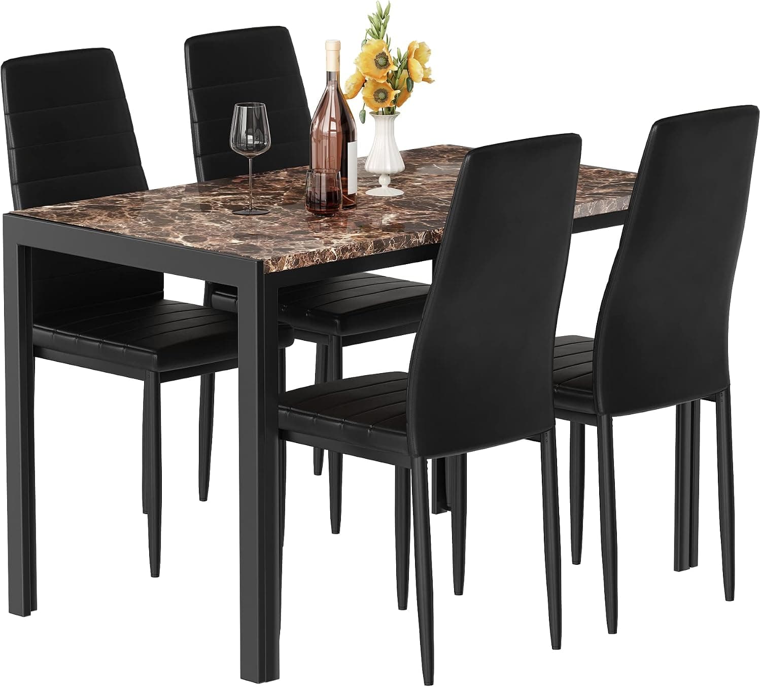 tantohom Dining Table Set for 4, Modern Kitchen Table and Chairs for 4, Faux Marble Tabletop and 4 PU Leather Upholstery Chairs, Compact Design for Home Bar, Small Spaces, Breakfast Nook,Black & Brown