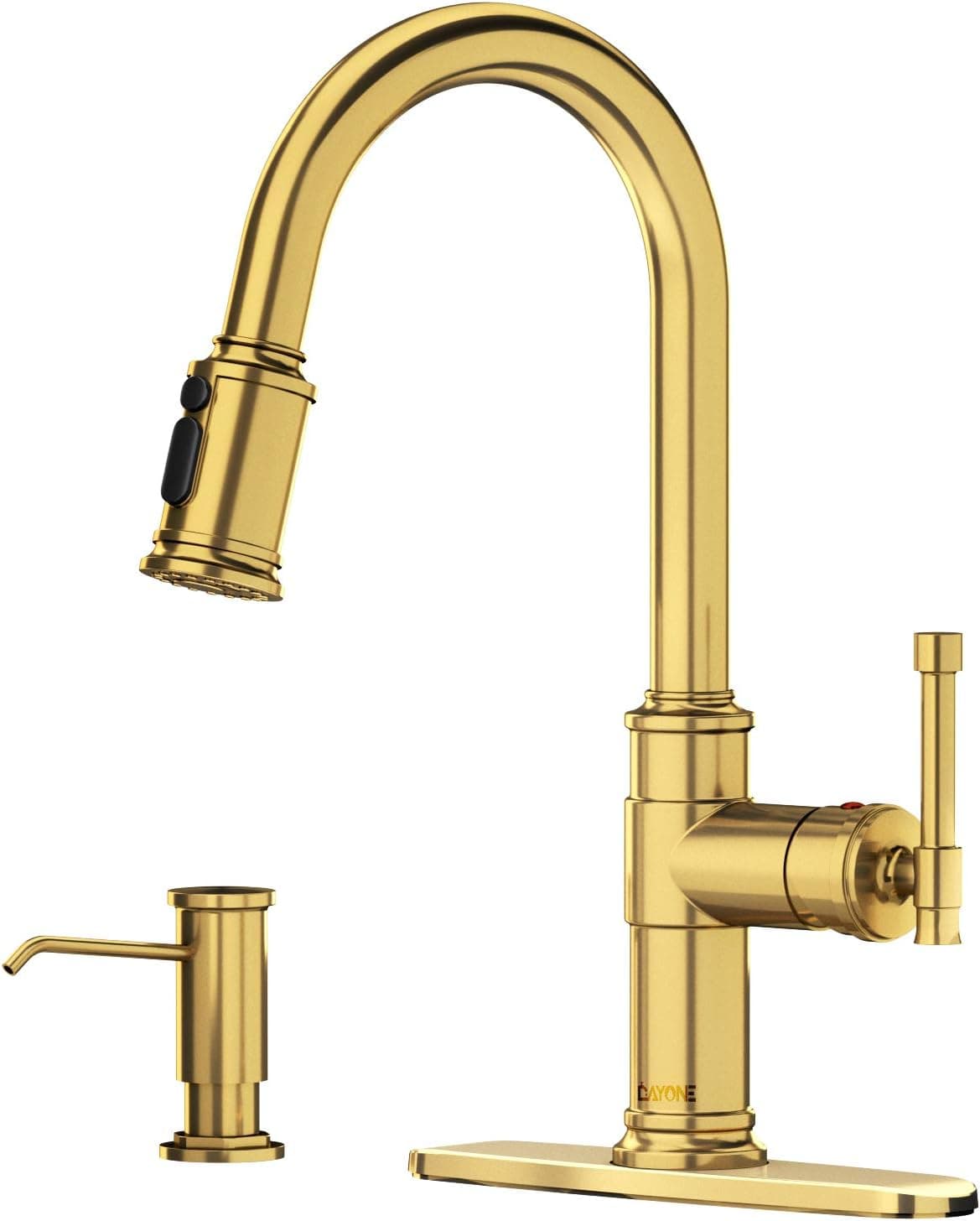 Pull Down Single Handle Kitchen Faucet High Arc, One Hole High Arc Kitchen Sink Faucets with Soap Dispenser & Deck Plate, Brushed Brass/Gold, DAYONE DAY136BTG
