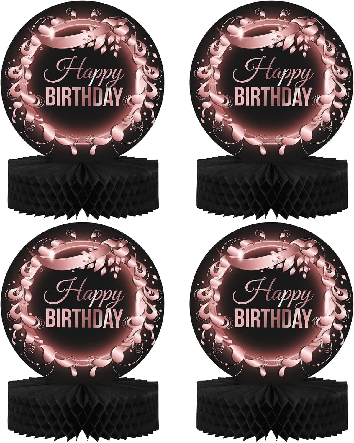 Happy Birthday Table Decorations Centerpieces - 4-Pack Double Sided Happy Birthday Centerpieces for Tables - 12” Black and Rose Gold Birthday Party Decorations Centerpieces