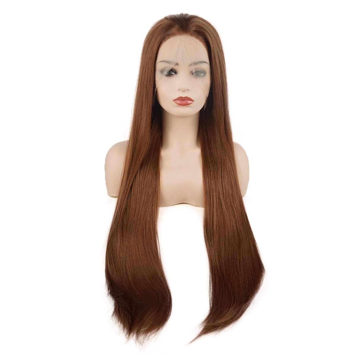 Meiyite Hair Straight Super Long 28inch Medium Auburn Heavy Density Half Hand Tied Realistic Synthetic Lace Front Wigs