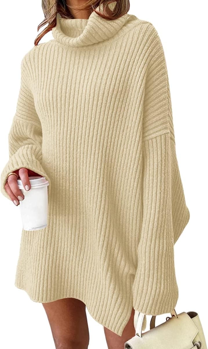 EFAN 2022 Womens Oversized Turtleneck Sweater Dress Long Batwing Sleeve Trendy Pullover Ribbed Knit Dresses
