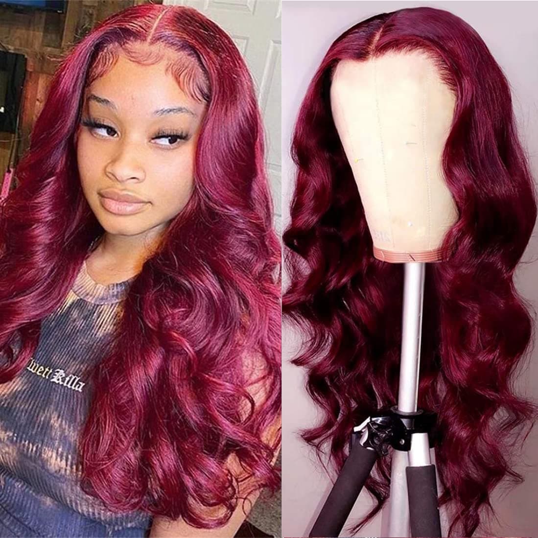 Burgundy Lace Front Wigs Human Hair 99j HD Transparent 13x4 Body Wave Lace Frontal Human Hair Wig Pre Plucked Bleached Knots with Baby Hair 150% Density Colored Wine Red Lace Front Wigs for Black Women (18 Inch)