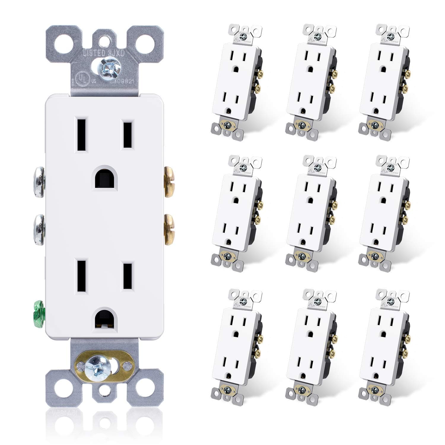 ELEGRP Decorator Receptacle, 15A 125V Standard Electrical Wall Outlet, 2 Pole 3 Wire, Non- Tamper Resistant, NEMA 5-15R, Self-Grounding Residential Grade Outlet, UL (Glossy White, 10 Pack)