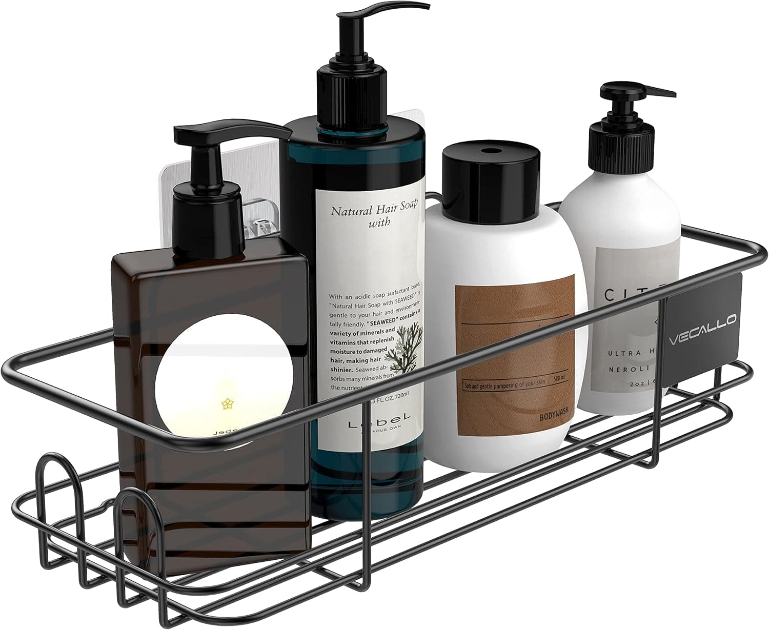 Vecallo Shower Caddy Basket with 4 Hooks Shower Shelf for Hanging Sponge and Razor,Shampoo Holder Shower Organizer,No Drilling Adhesive Wall Mounted Bathroom Shelf,Rustproof SUS304 Stainless Steel