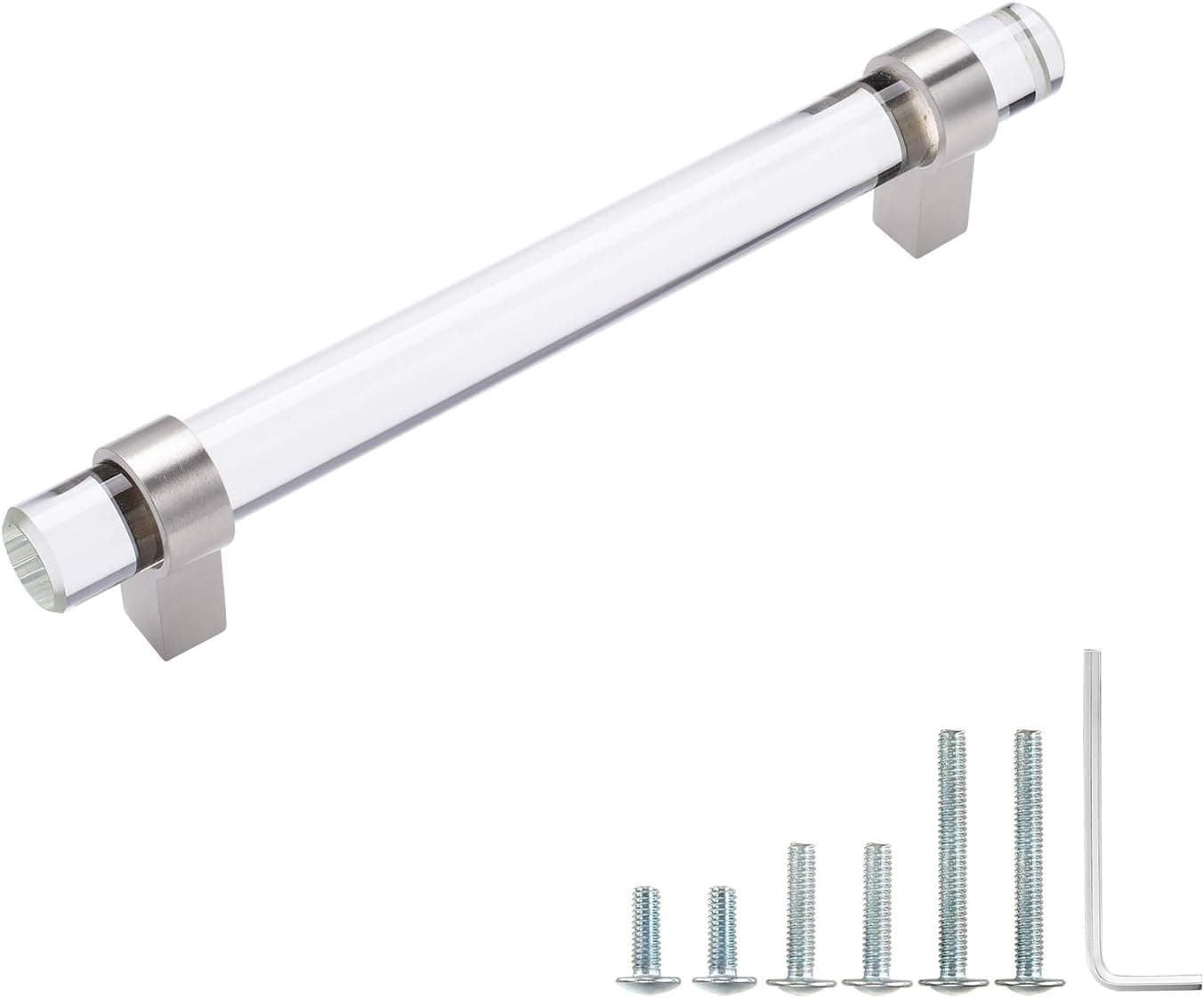 CLCTK Glass Crystal Adjustable Drawer Pulls 5 Inch Hole Center 128mm, Clear Cabinet Drawer Pulls with 3 Size Screws, Brushed Nickel Decorative Drawer Pulls 6 5/8 Inch Overall Length, SKL-006
