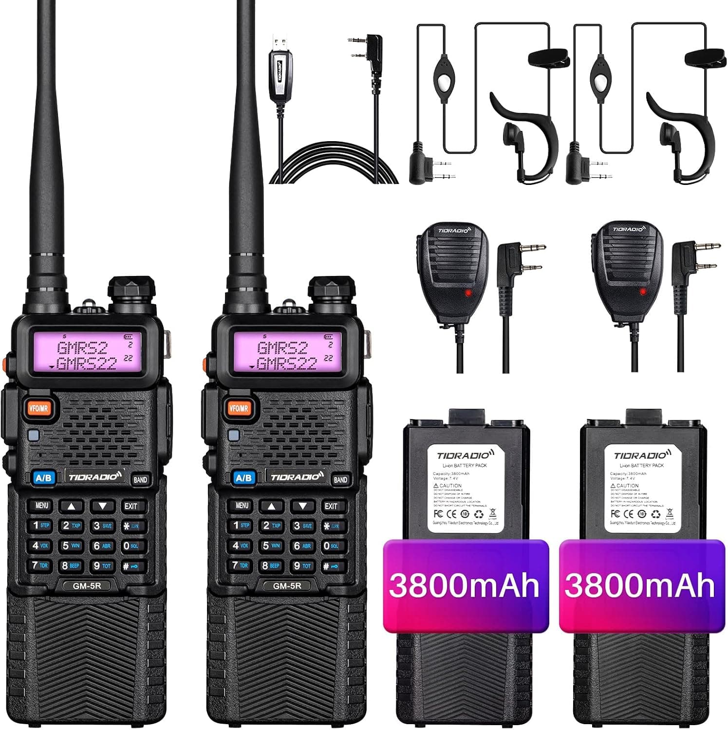 TIDRADIO GM-5R GMRS Radio, Two Way Radio GMRS Repeater Capable, with 3800mAh Battery, Dual Band Scanning Receiver and NOAA Weather & Alarm GMRS Handheld Radio(2 Pack)