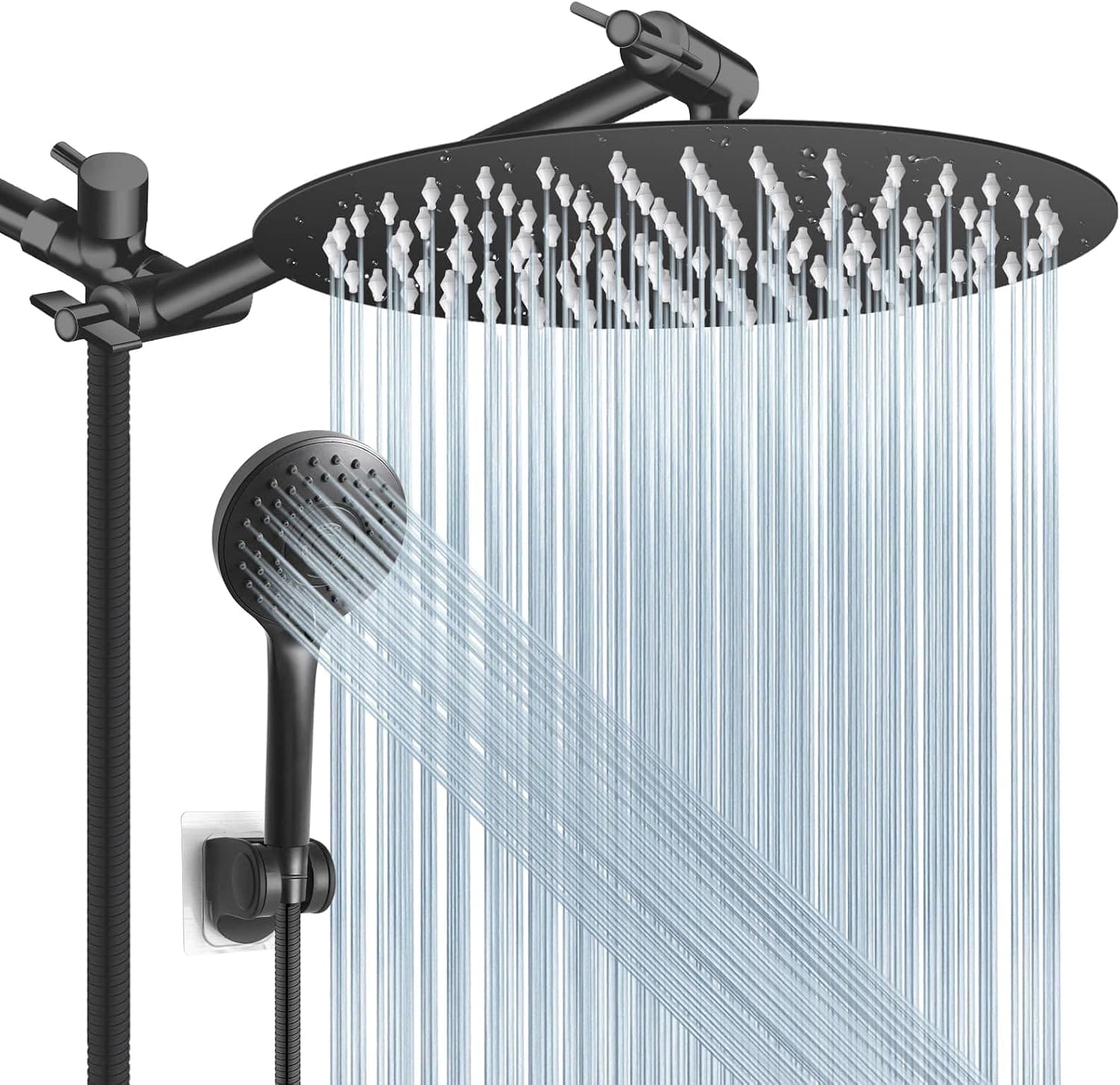 Shower Head Combo,8 Inch High Pressure Round Rain Shower Head with 11 Inch Adjustable Extension Arm and 5 Settings Handheld Shower Head,Powerful Shower Spray Against Low Pressure Water - Matte Black