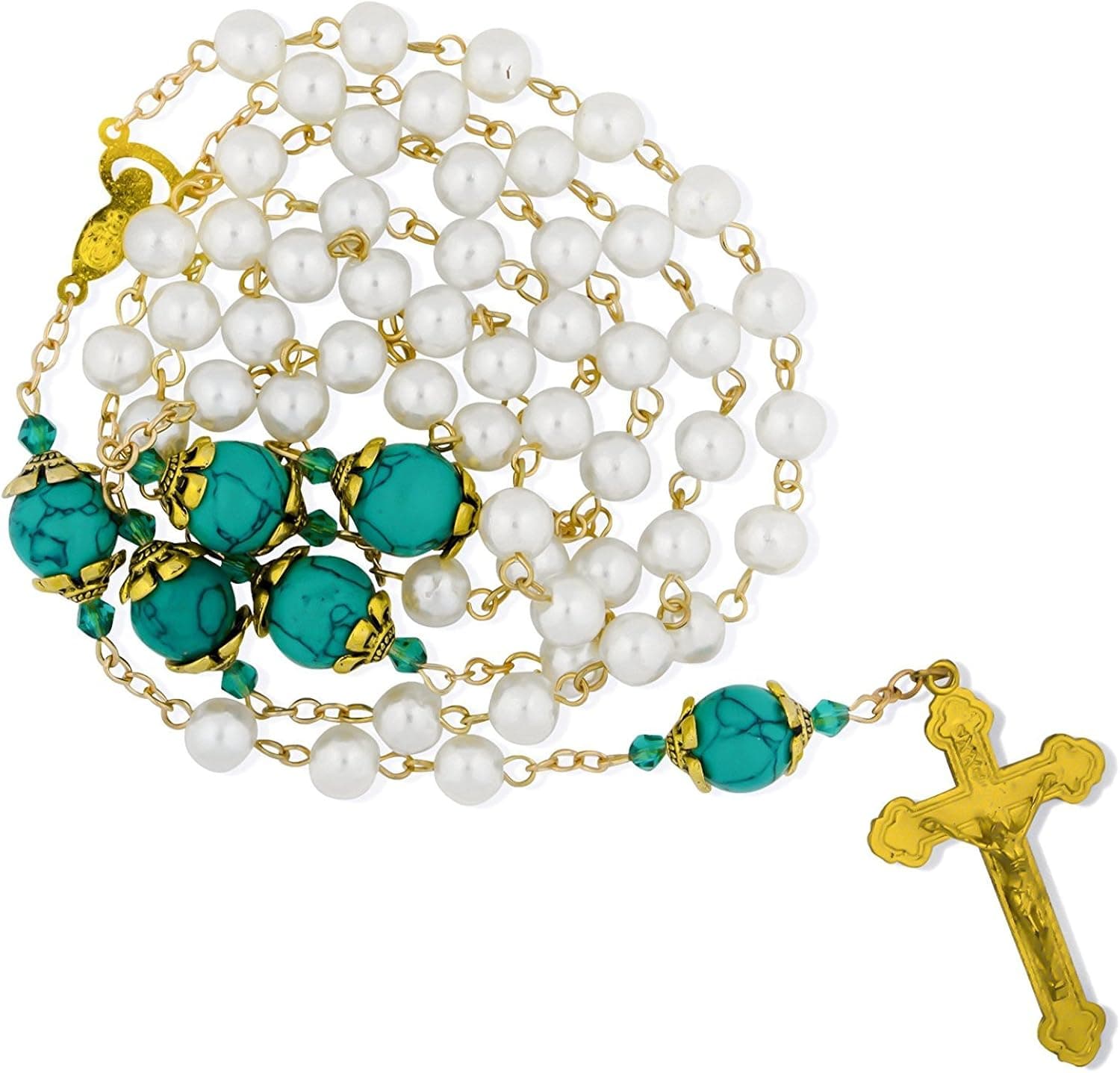 Religious Gifts Ornate Rosary with Gold Accents and Pearlized Beads