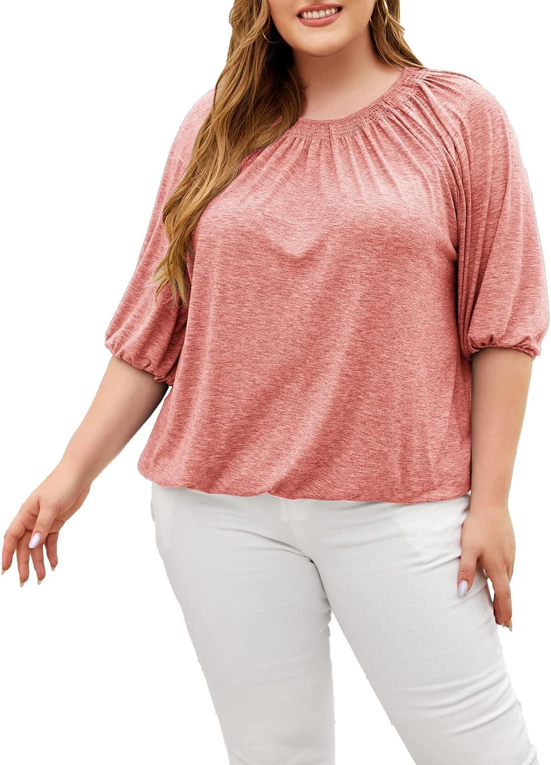 Womens Plus Size 3/4 Sleeve Tops Crewneck Casual Solid Basic Pleated Shirt Blouse
