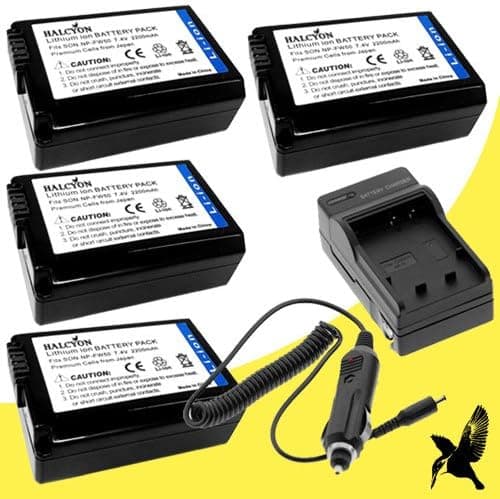 Four Halcyon 2200 mAH Lithium Ion Replacement Battery and Charger Kit for Sony a7, a7R, RX10, SLTA37, SLTA55V, SLTA35, SLTA33, NEX-6, NEX-5R, NEX-5T, NEX-7, NEX-5N, NEX-F3, NEX-6 Alpha Digital SLR Cameras and Sony NP-FW50