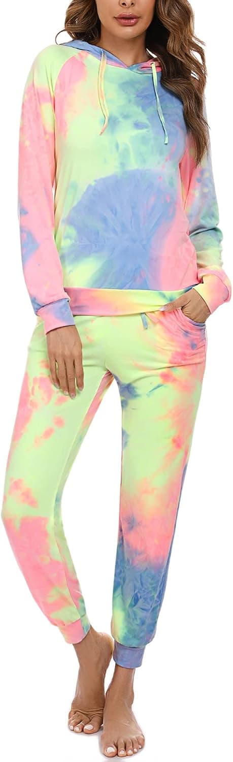 Alebame Two Pieces Outfits for Womens Two Piece Sweatsuits Drawstring Sweatpants with Pockets Loose Hoodie Pullover Loungewear Casual Tracksuits Outfits for Women Tie Dye Pink Large