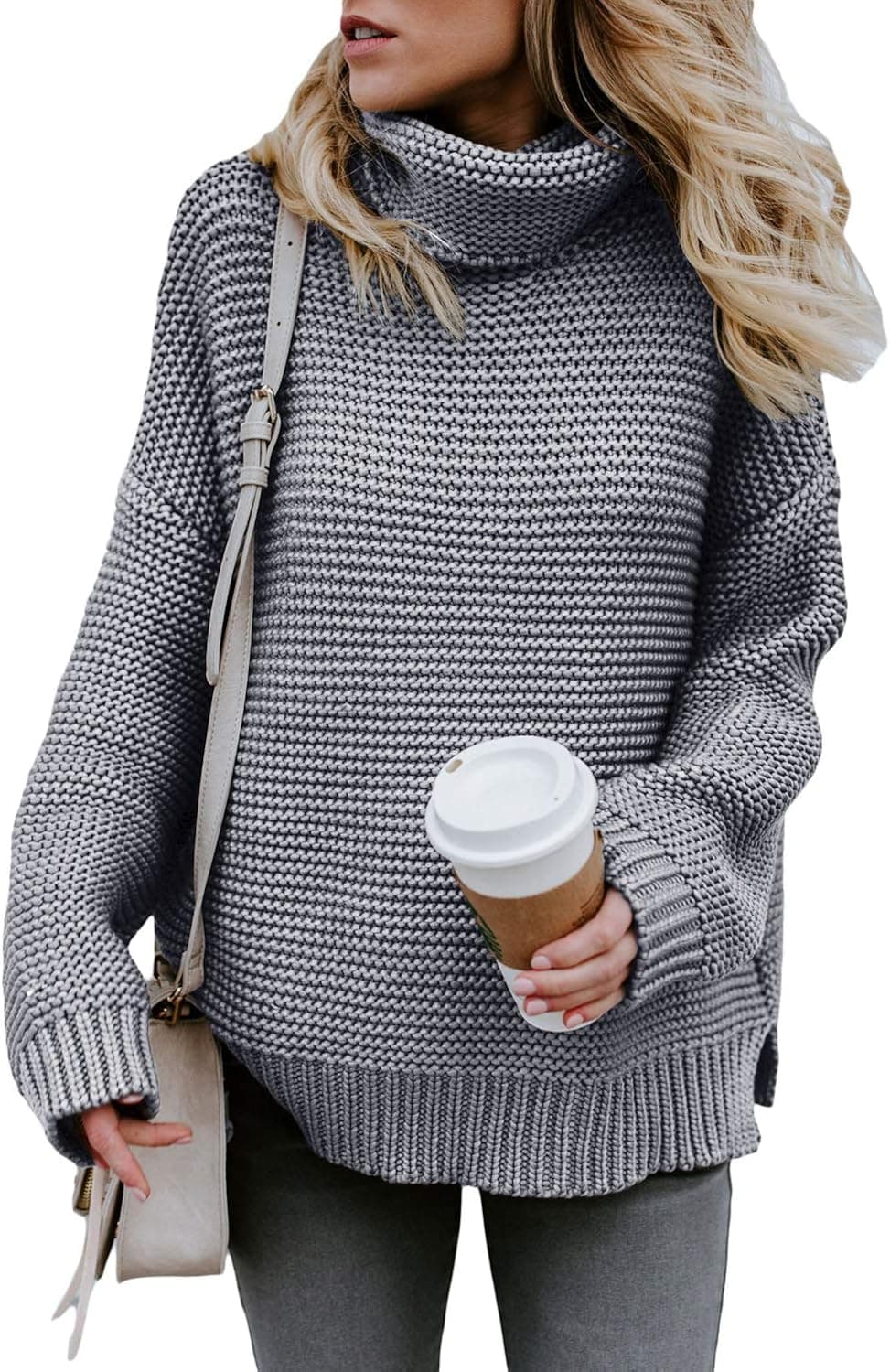 KINGFEN Casual Spring Oversized Sweaters for Women Trendy Long Sleeve Turtleneck Comfy Tops Fashion Clothing Grey M