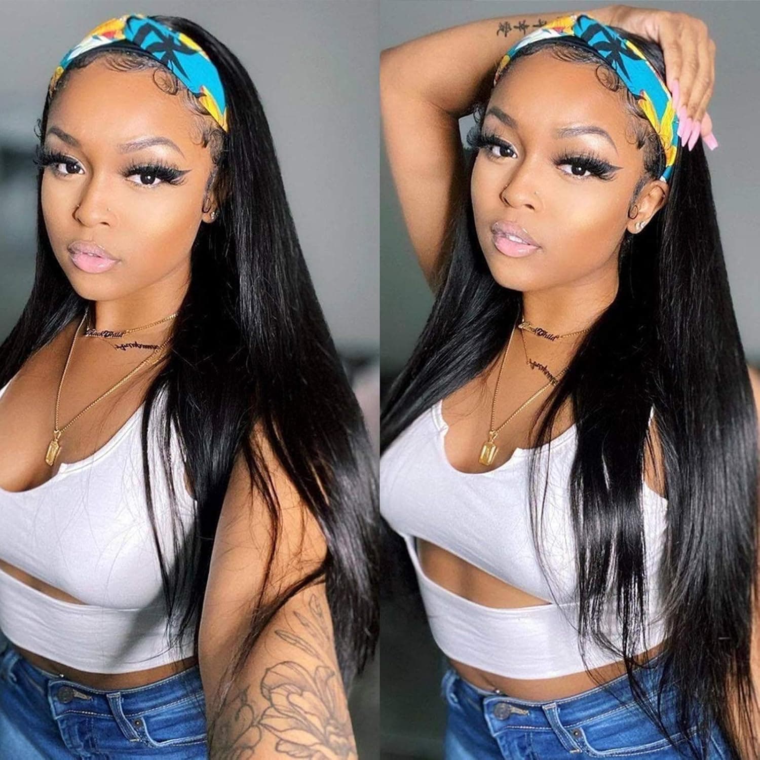 Headband Wigs Straight Human Hair Wig with Headband Attached for Women Glueless Easy to Wear 150% Density Brazilian Virgin Human Hair Full Machine Made Wig None Lace Front Wigs Natural Color 18 inch