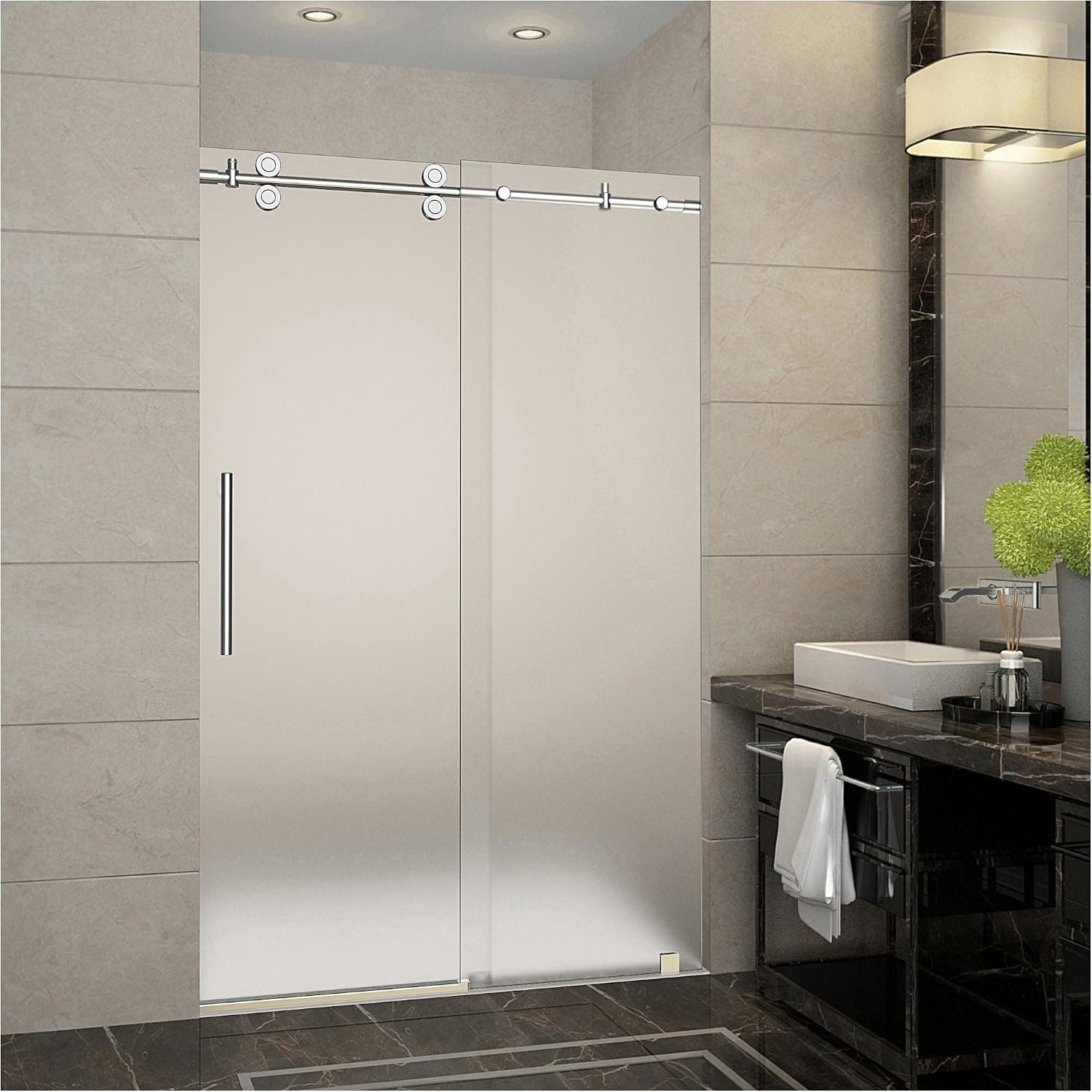 Aston Langham 44" to 48" x 75" Completely Frameless Sliding Shower Door in Frosted Glass, Polished Chrome