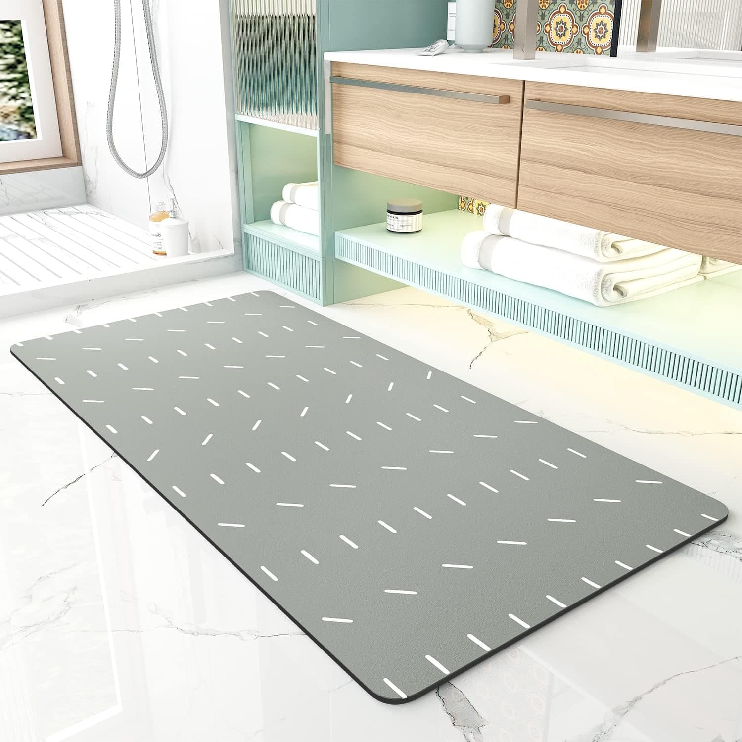 Extra Large Bath Mat Runner 24" x 48" Quick Dry Super Absorbent Bathroom Runner Rug Non Slip Rubber Backed Bath Runner Rug Random Stripes Print Long Bathroom Rugs Runner Beside Bath Tub Sink, Gray