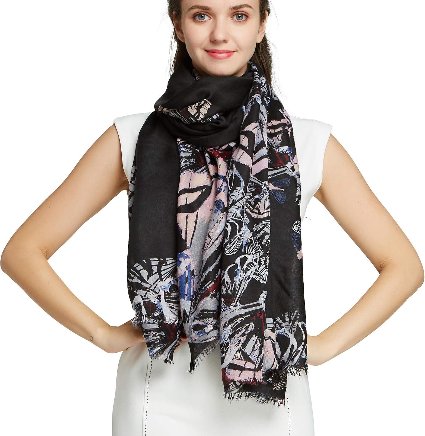 PANTONIGHT Women's Big Neck Long Cotton Shawl Fall Viscose Scarf's 35.478.5"(90200cm) Black Pink 317