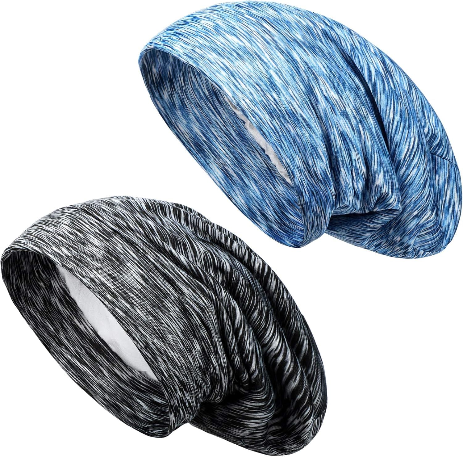 2 Pieces Satin Lined Sleep Caps Hair Cover Bonnets Silk Lined Slouchy Beanies Sleeping Caps for Night Sleeping (Black, Royal Blue,25 cm)