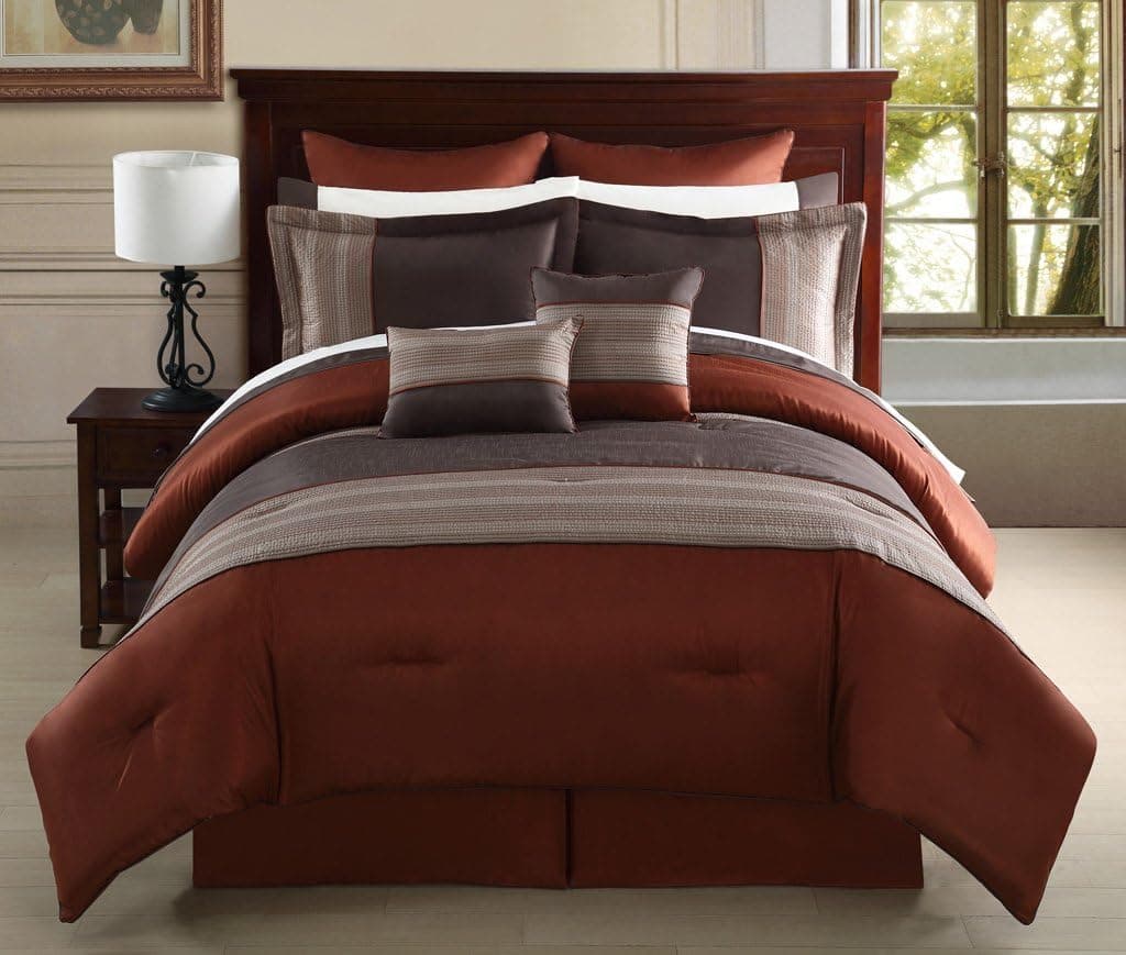 KingLinen 12 Piece Queen Madden Rust and Taupe Bed in a Bag Set