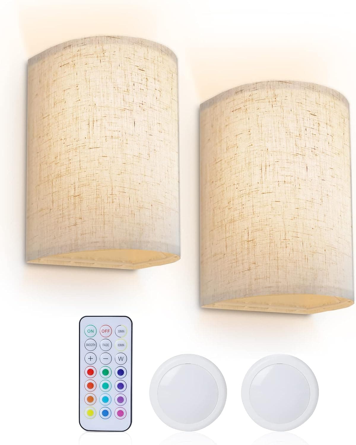 Wall Sconce Lighting Decor Set of 2, 16 RGB Colors Changeable Wall Lamp with Fabric Linen Shade Wireless Dimmable Wall Lamp Fixtures for Living Room Bedroom Hallway Stairway