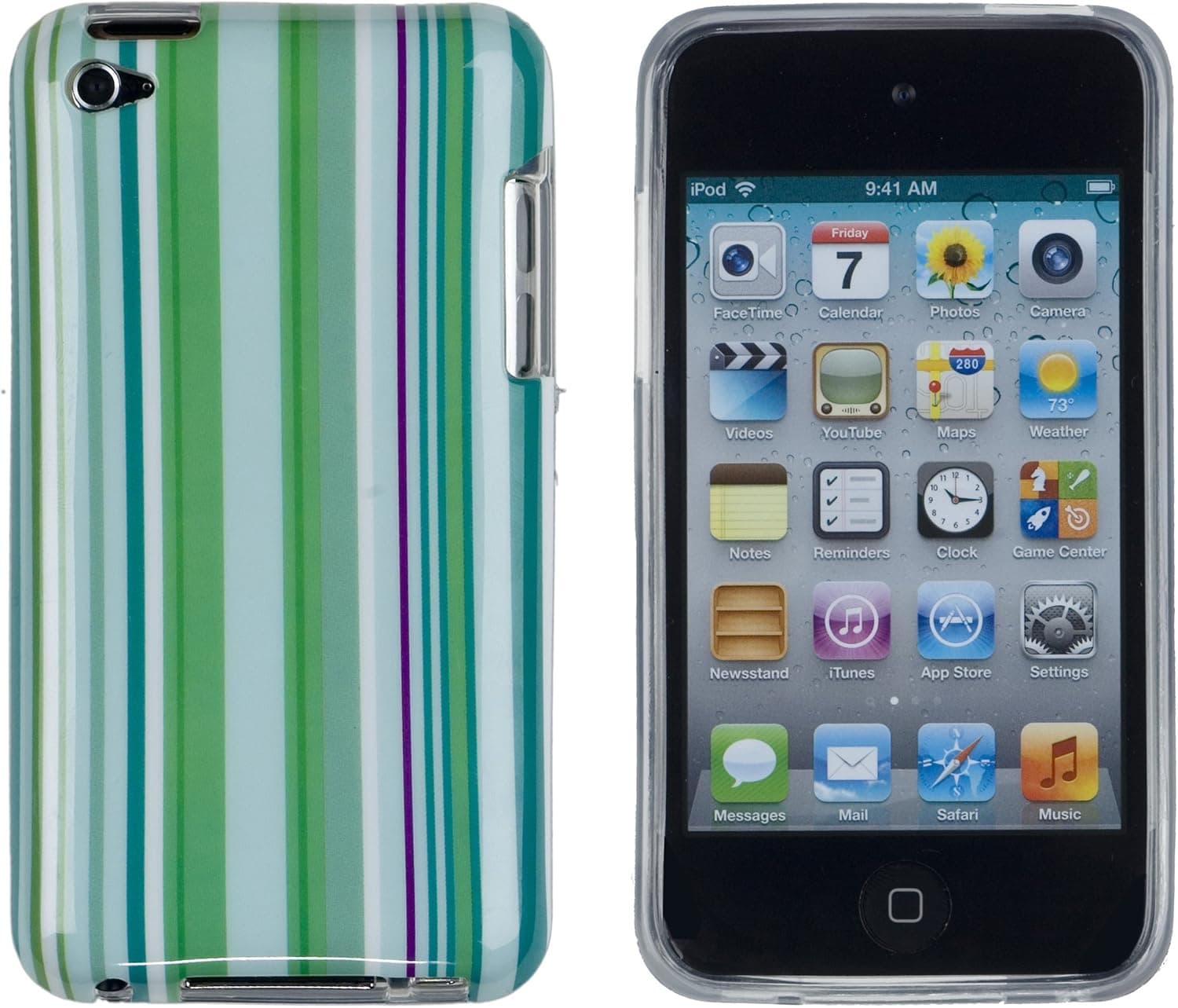 Mint Green Striped Flexible TPU Gel Case with Clear Sides for Apple iPod Touch 4, 4G (4th Generation)