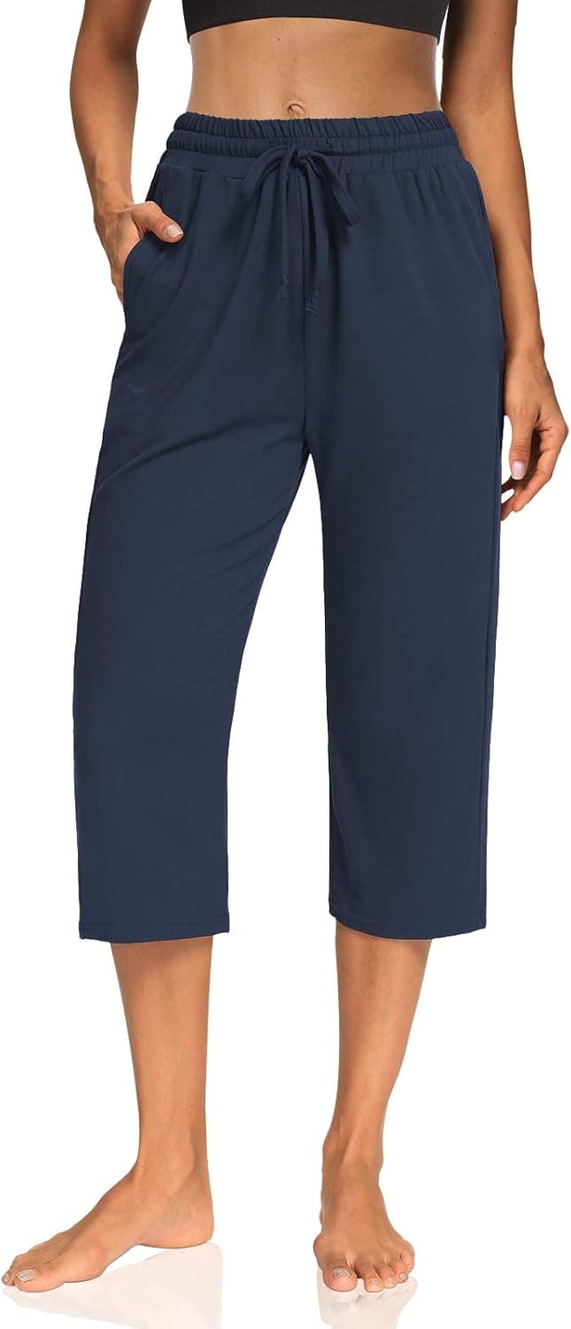 KEEPBEAUTY Womens Capri Yoga Pants Wide Leg Drawstring Loose Comfy Lounge Pajamas Capris Sweats with Pockets Navy 3XL