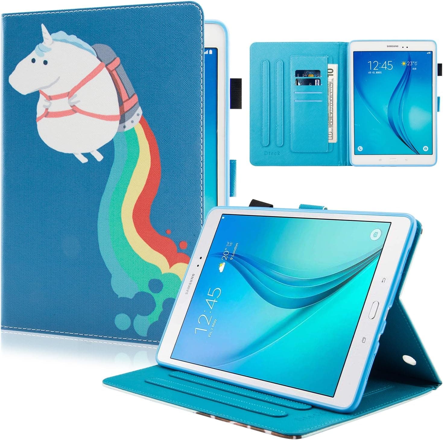 Dteck Case for Samsung Galaxy Tab A 9.7 Inch Tablet 2015 Release, SM-T550 /SM-P550 Case - Magnetic Closure Leather Protective Wallet Cute Stand Flip Cover with Stylus Pen/Pen Holder (Rainbow Unicorn)