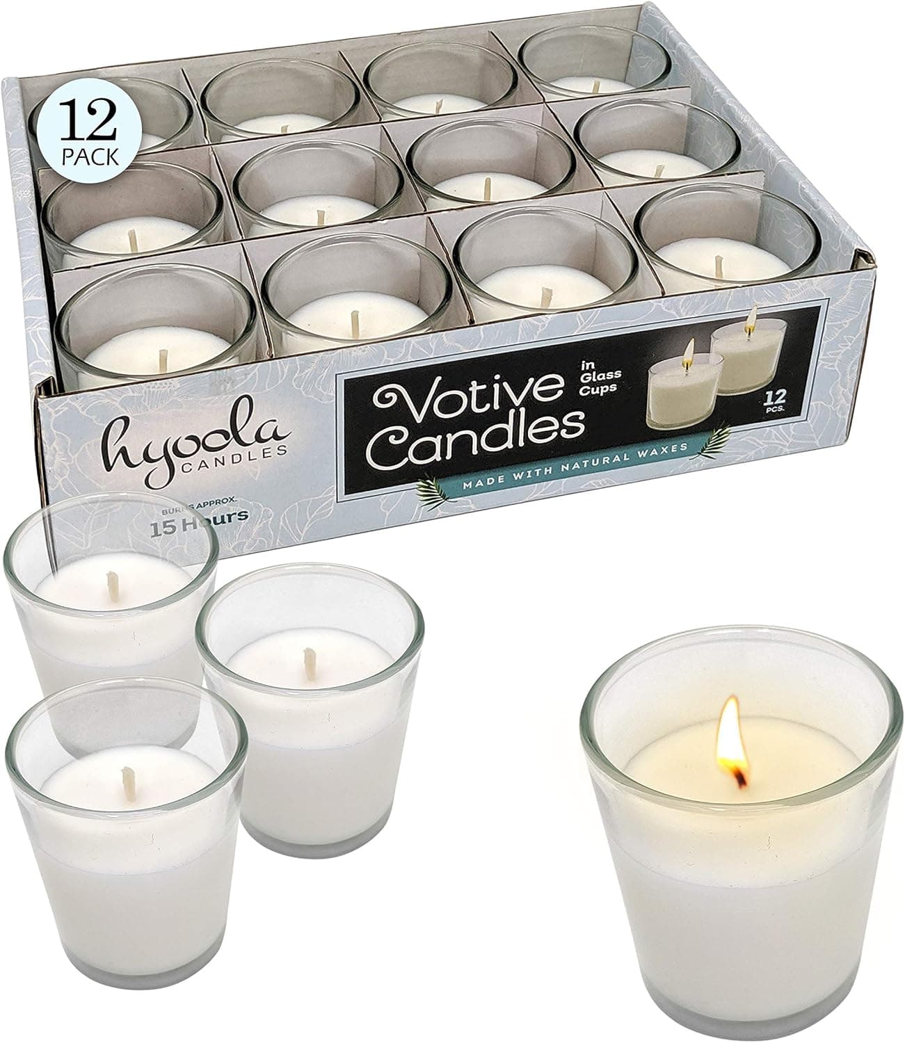 Hyoola White Votive Candles in Glass - Pack of 12 Votive Candle - 15 Hour Burn Time - Unscented Votive Candles - Glass Votives