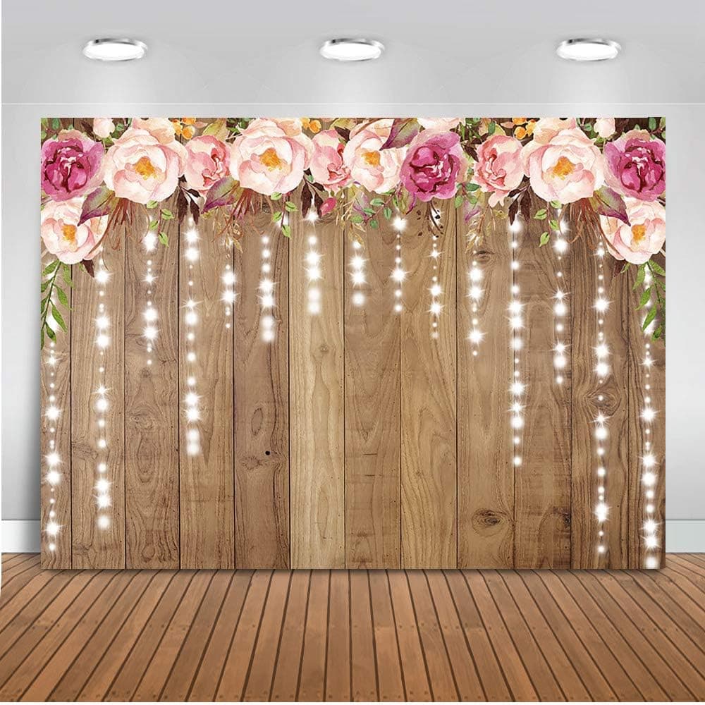 Mocsicka Floral Wood Valentine's Day Backdrop Glitter Wooden Bridal Shower Background 7x5ft Vinyl Floral Wood Floor Party Banner Backdrops