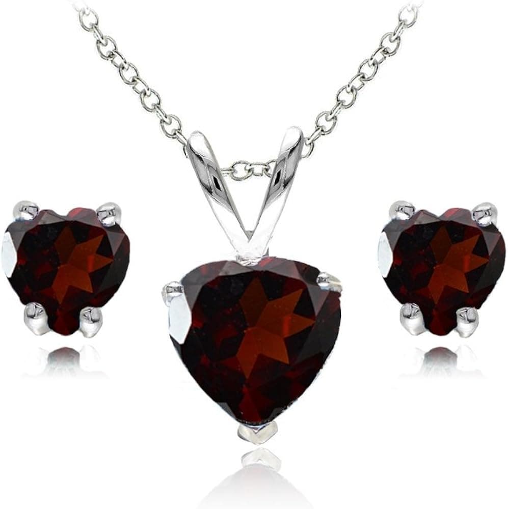 B. BRILLIANT Sterling Silver Genuine, Created or Synthetic Gemstone Solitaire Heart Necklace & Stud Earrings Jewelry Set for Women Girls