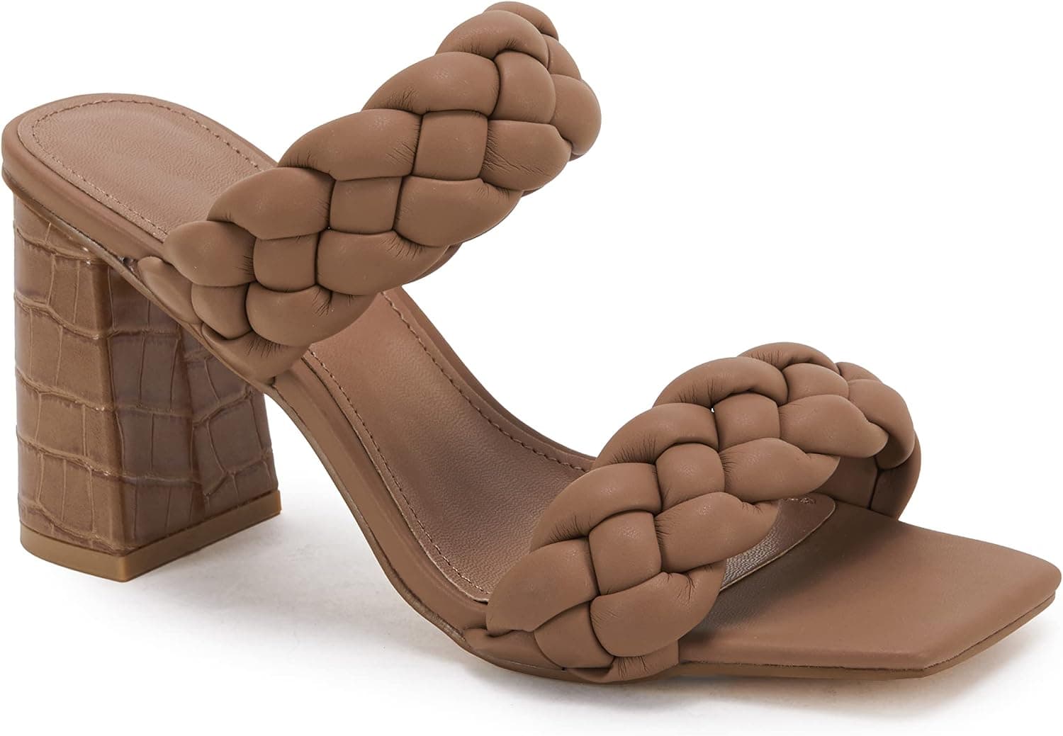 Syktkmx Womens' Braided Heeled Sandals Backless Square Open Toe Block Slide