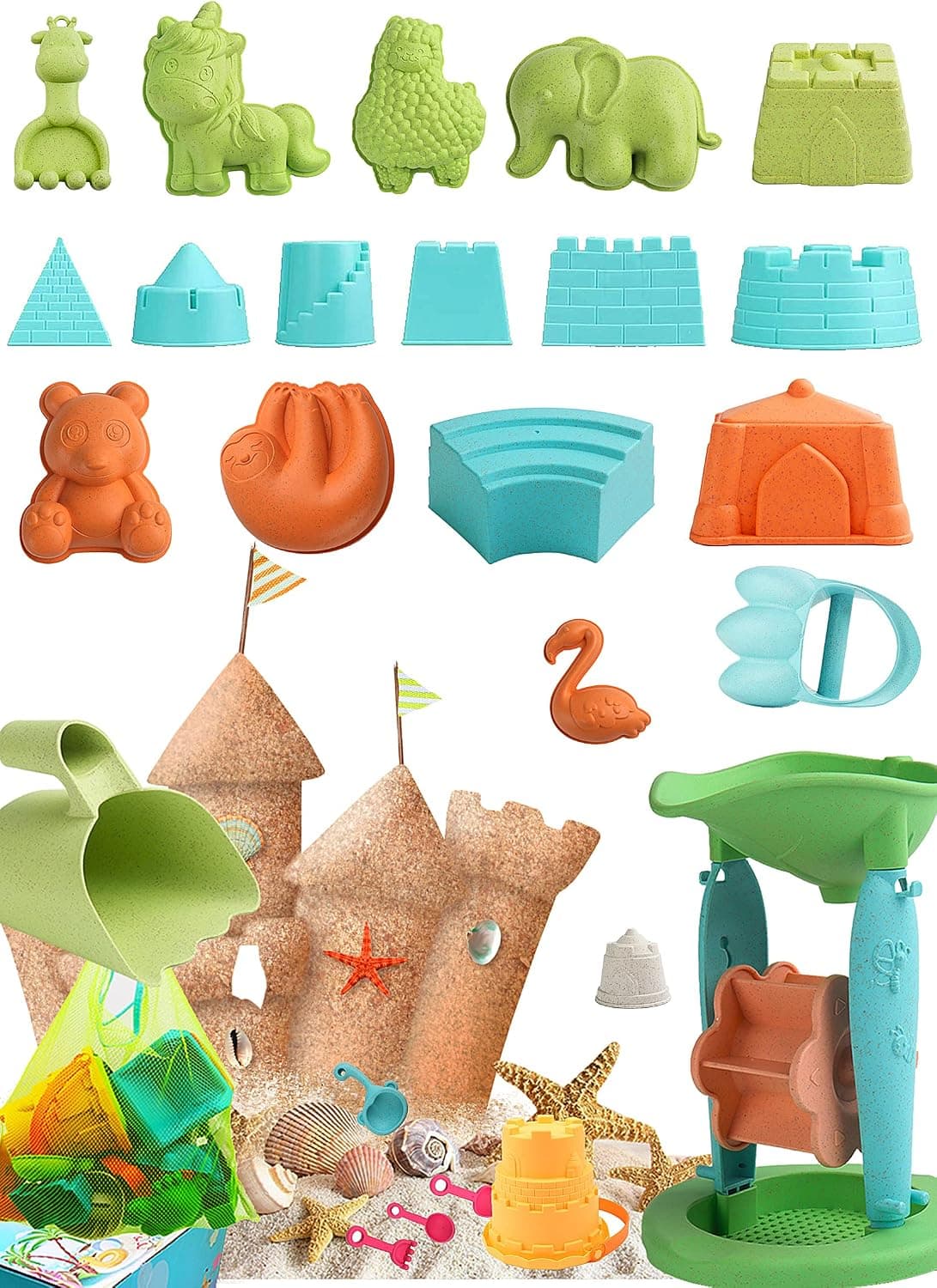 SIMPLENICE Cute Sand Beach Toys，2021 New Beach Toy for Kids，Eco-Friendly Sand Toys, 25Pcs Sand Toys Set Includes Castle Bucket, Shovel Tool , Sand Molds, with Carrying Net Bag and Gift Box