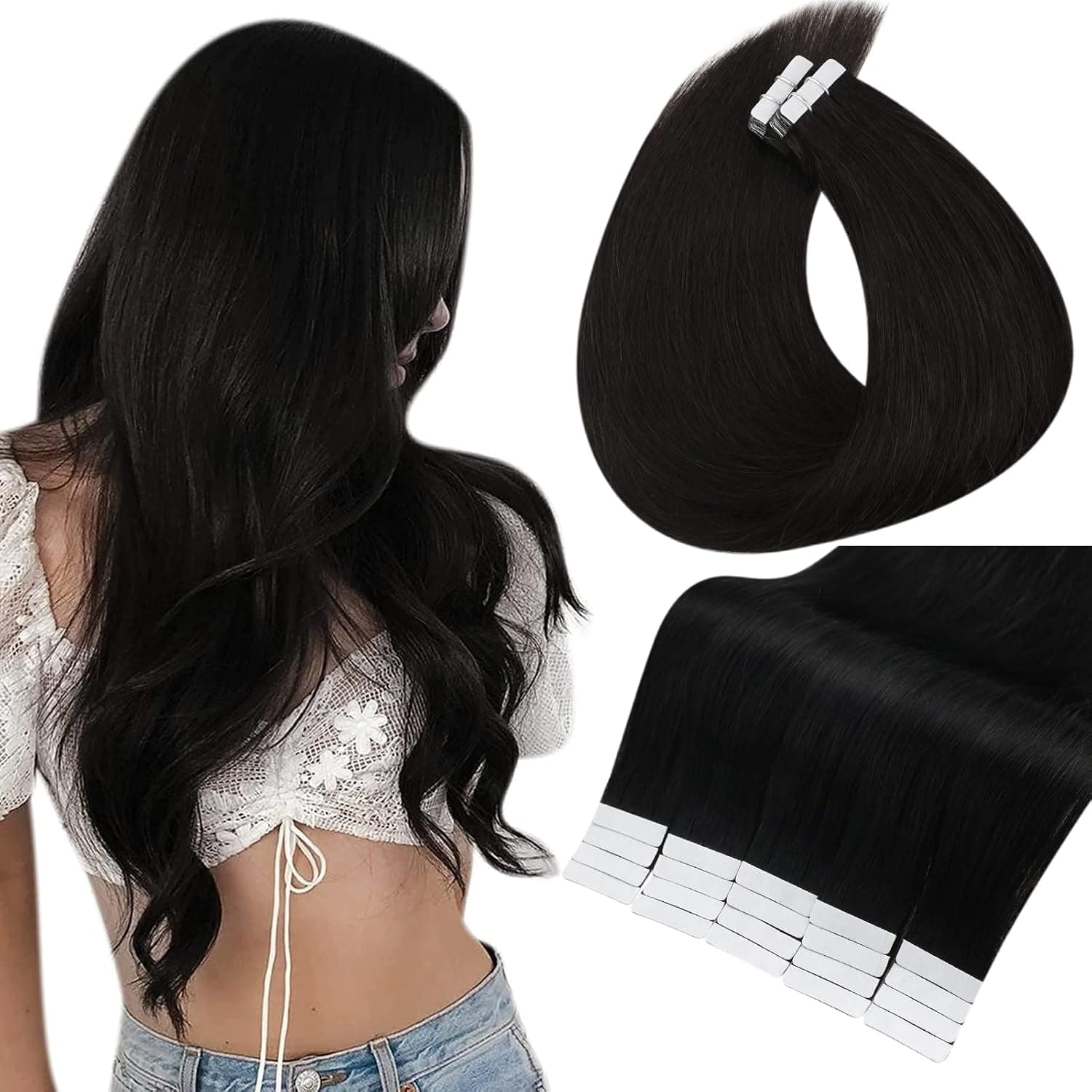 Full Shine Tape in Hair Extensions Human Hair 14 Inch Tape in Hair Extensions Color 1B Off Black Remy Hair Extensions Tape in Human Hair Tape in Black Hair Double Sided Seamless Tape in Hair 50 Gram 20 Pcs