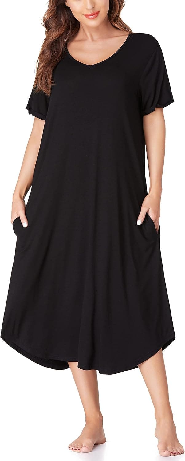 Womens Long Nightgowns Short Sleeve Nightshirt Comfy Loungewear Full Length Sleepwear with Pockets