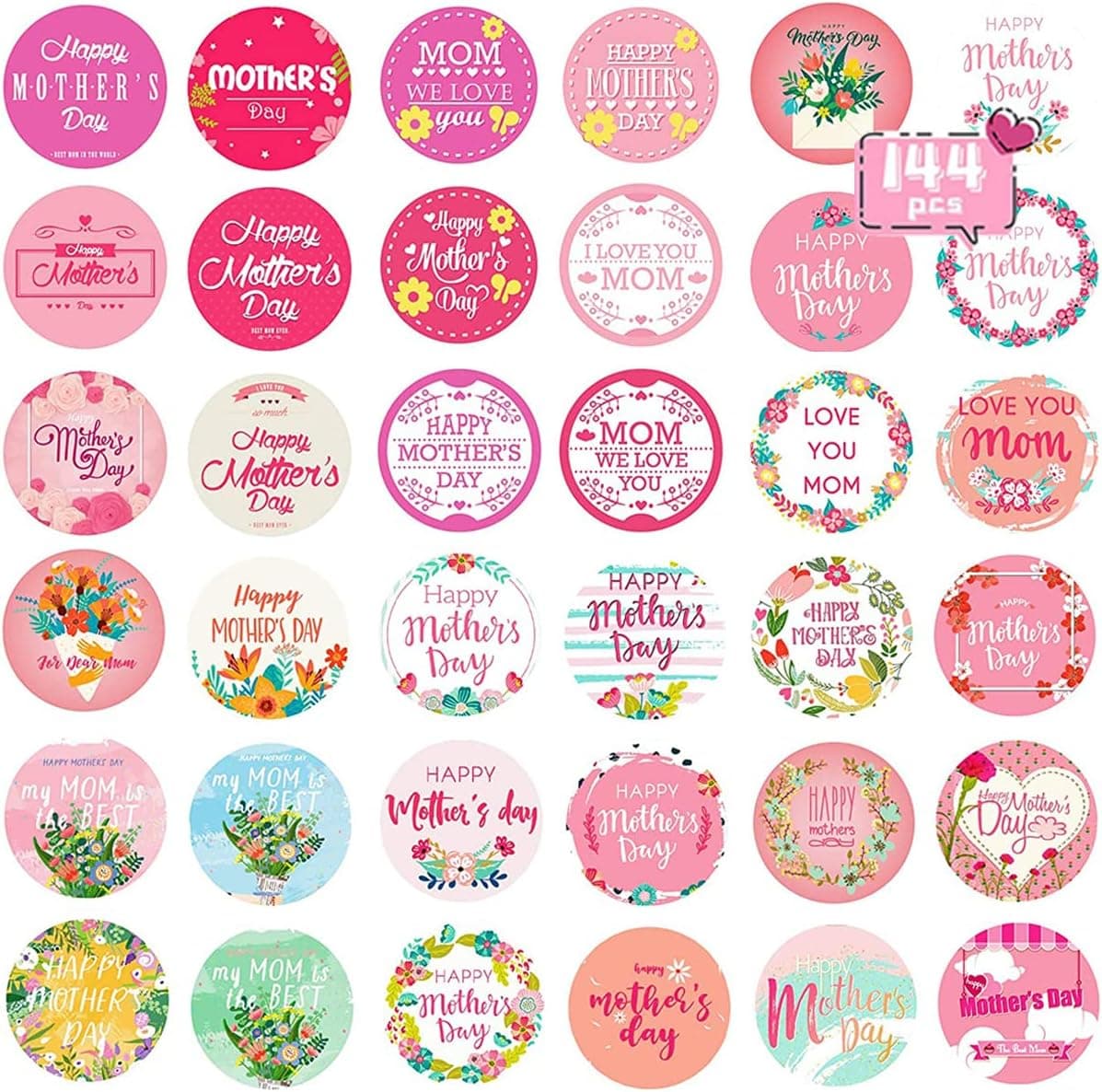 Mother‘s Day Stickers, Mom Stickers, 144 Pcs Happy Mothers Day Stickers 2 inch Large Round Labels Bulk for Balloons Gift Cards Boxs Envelopes Wrap Decorations, Feliz Día de las Madres Stickers, Mom Birthday Party Favors Supplies