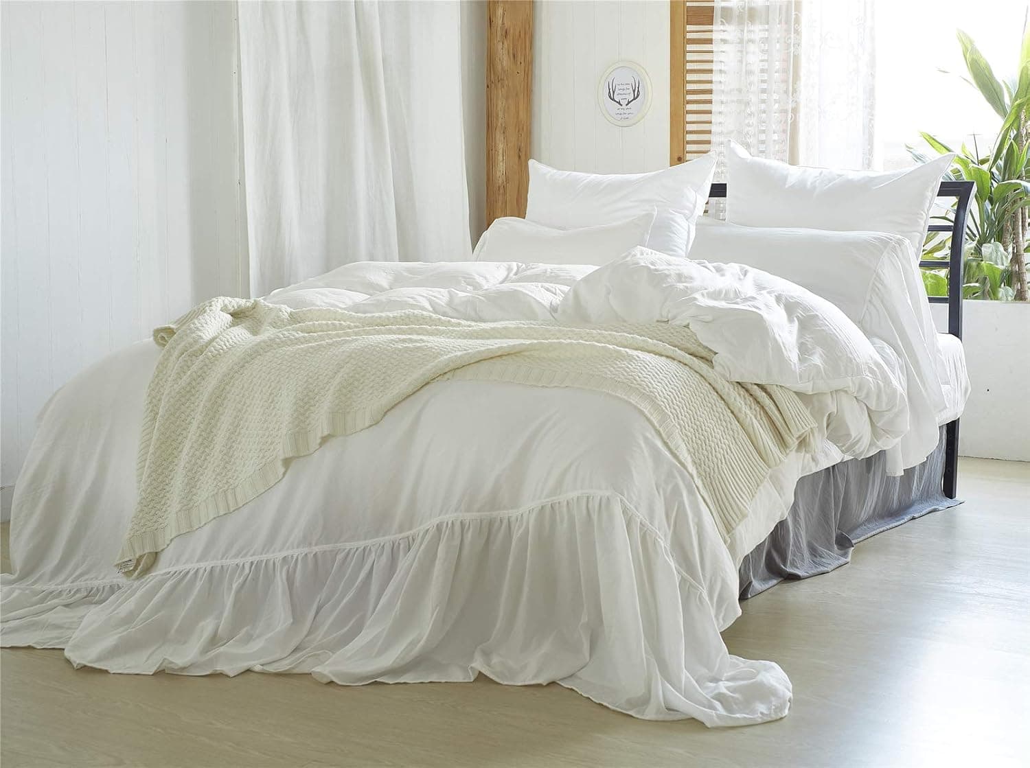 MOOWOO Shabby Chic Bedding, 3 Pieces Ruffle Duvet Cover Set 100% Washed Microfiber Romantic Mermaid Tail French Country Style Duvet Cover with Ties (White, Queen)