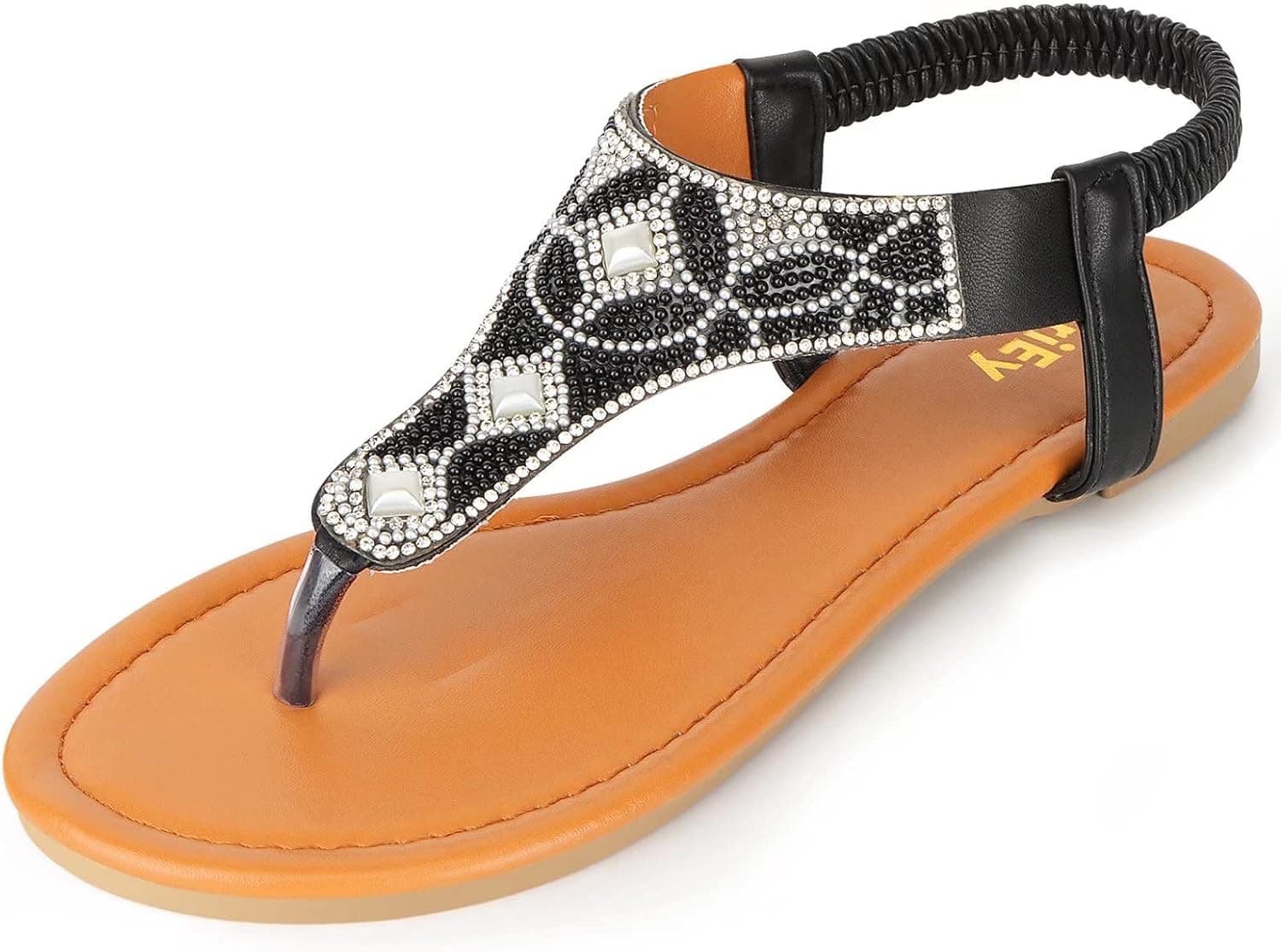 ZriEy Women's T-Strap Elastic Flat Sandals Open Toe Bohemian Rhinestone Thong Flip Flops Sandal Flat Shoes Black Size 7.5
