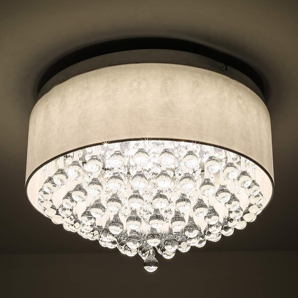 Horisun Modern Crystal Pendant Light with Cylinder Shade 2640LM Dimmable LED Flush Mount Lighting Drum Style Ceilignt Light for Dining Room, Bedroom, Living Room, ETL Listed