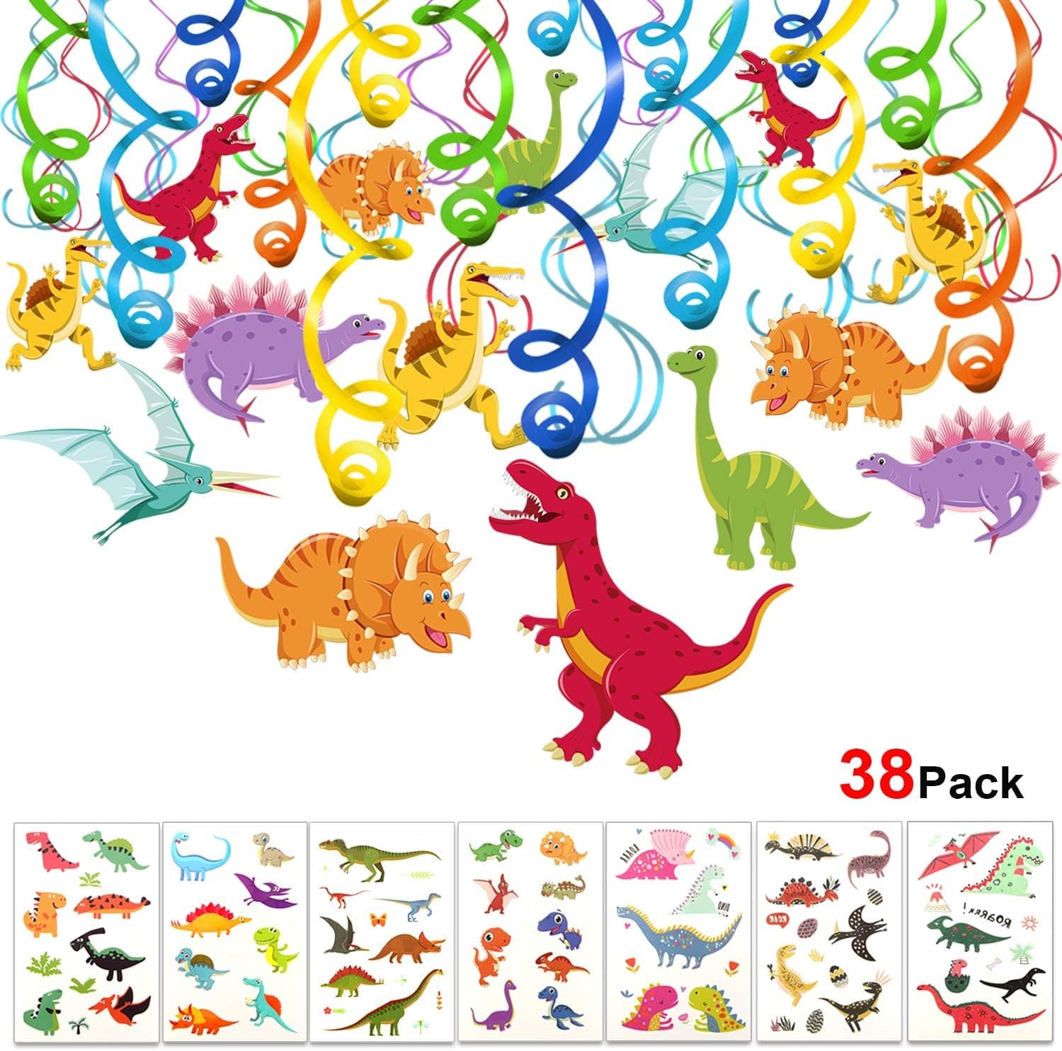 Konsait Dinosaur Hanging Swirl Decorations with Dinosaur Temporary Tattoos Stickers for Dinosaur Themed Birthday Party Favor Supplies Decor for Kids Boy Girls (38Pack)