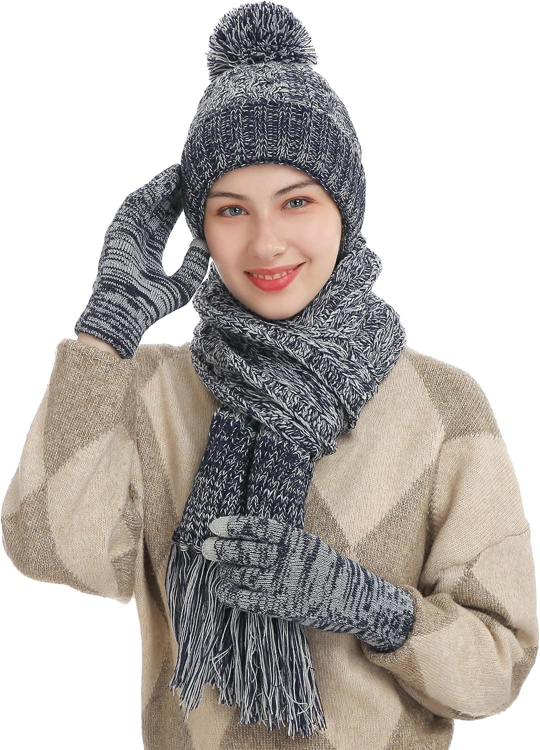 ROYAL MATRIX Women’s 3pcs Winter Beanie Hat Scarf Gloves Set, Warm Soft Fleece Lined Knit Hat Scarf Touchscreen Gloves