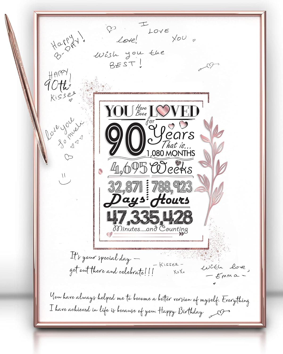 Framed Rose Gold 90th Birthday Decorations Sign Poster for Girl - 90 Birthday Gift 12"x16" Guest Party Favors Book Alternative – With Pen & Wall Hanger – Great 90 Years Old Gifts for Womens