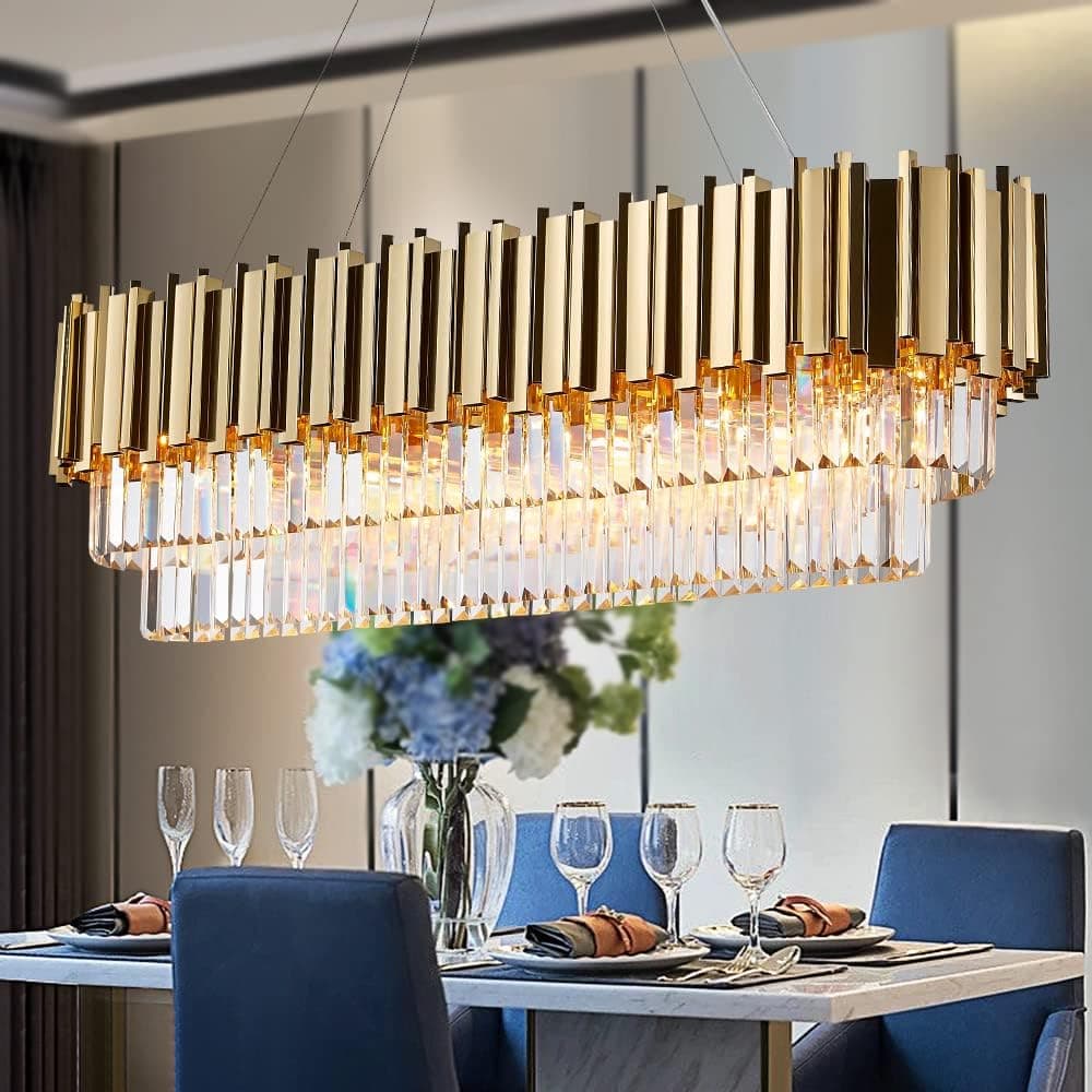 TMAFON W45.7 Luxury Modern Crystal Chandelier Lights - Gold Linear Pendant Ceiling Light, Contemporary Chandeliers Lighting Fixture for Kitchen Island, Dining and Living Room, Bedroom
