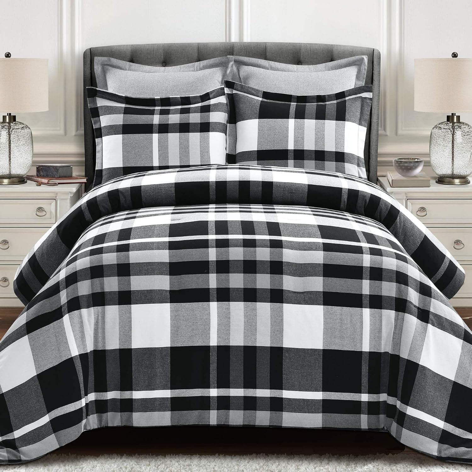 Lush Decor Gray and White Farmhouse Recycled Yarn-Dyed Cotton Plaid 5-Piece Comforter Set (King)