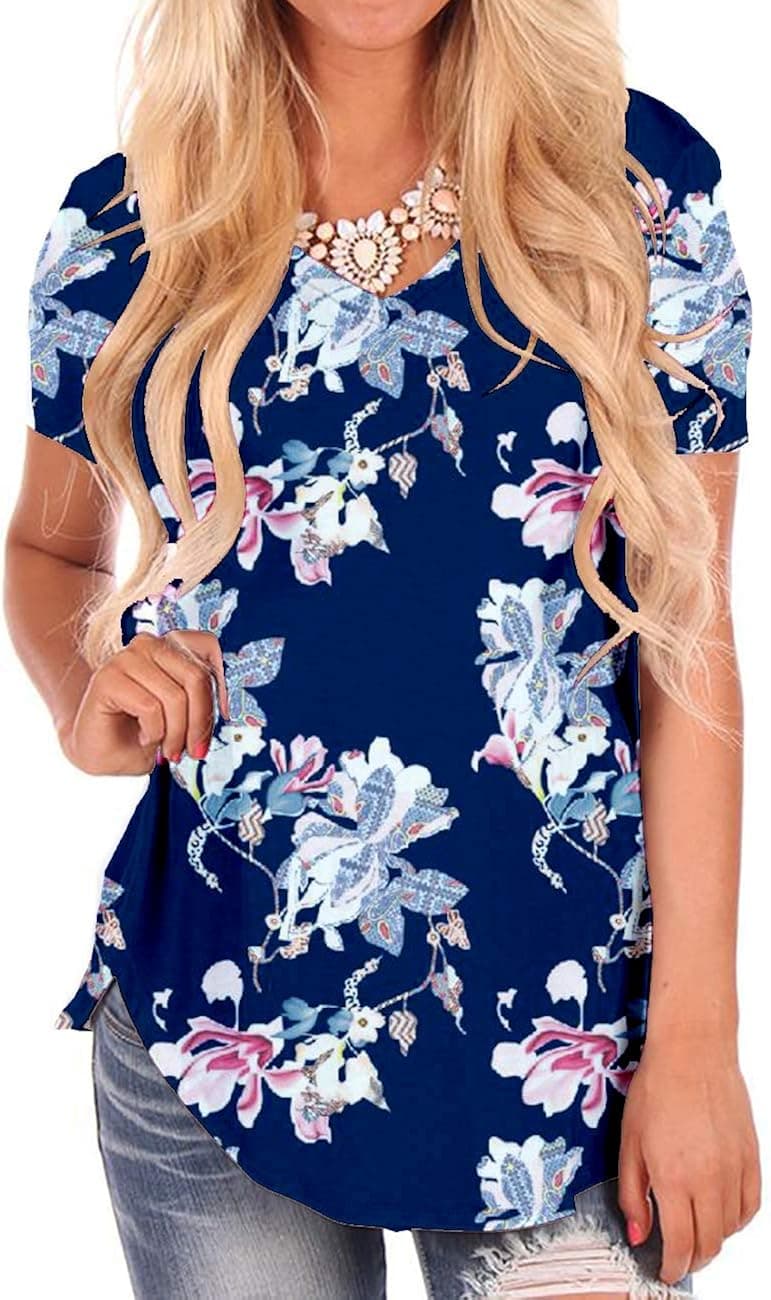 Plus Size Blouses for Women Floral T-Shirt Breathable Summer Tee Tops Navy