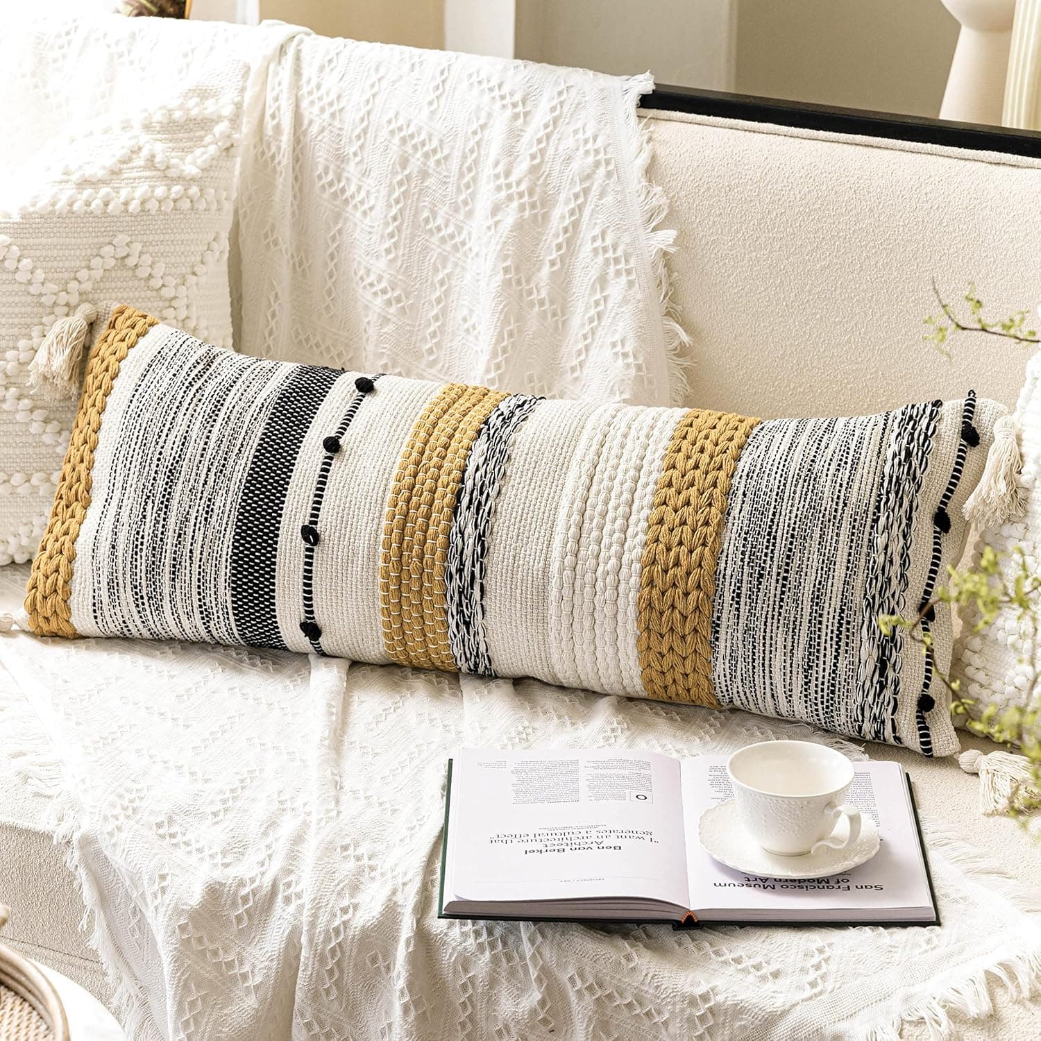 BlissBlush Mustard Beige Boho Lumbar Pillow Cover 14X36, Bohemian Long Throw Lumbar Pillow for Bed, Modern Boho Pillow for Couch, Textured Body Lumbar Pillow for Bed (Cover ONLY)
