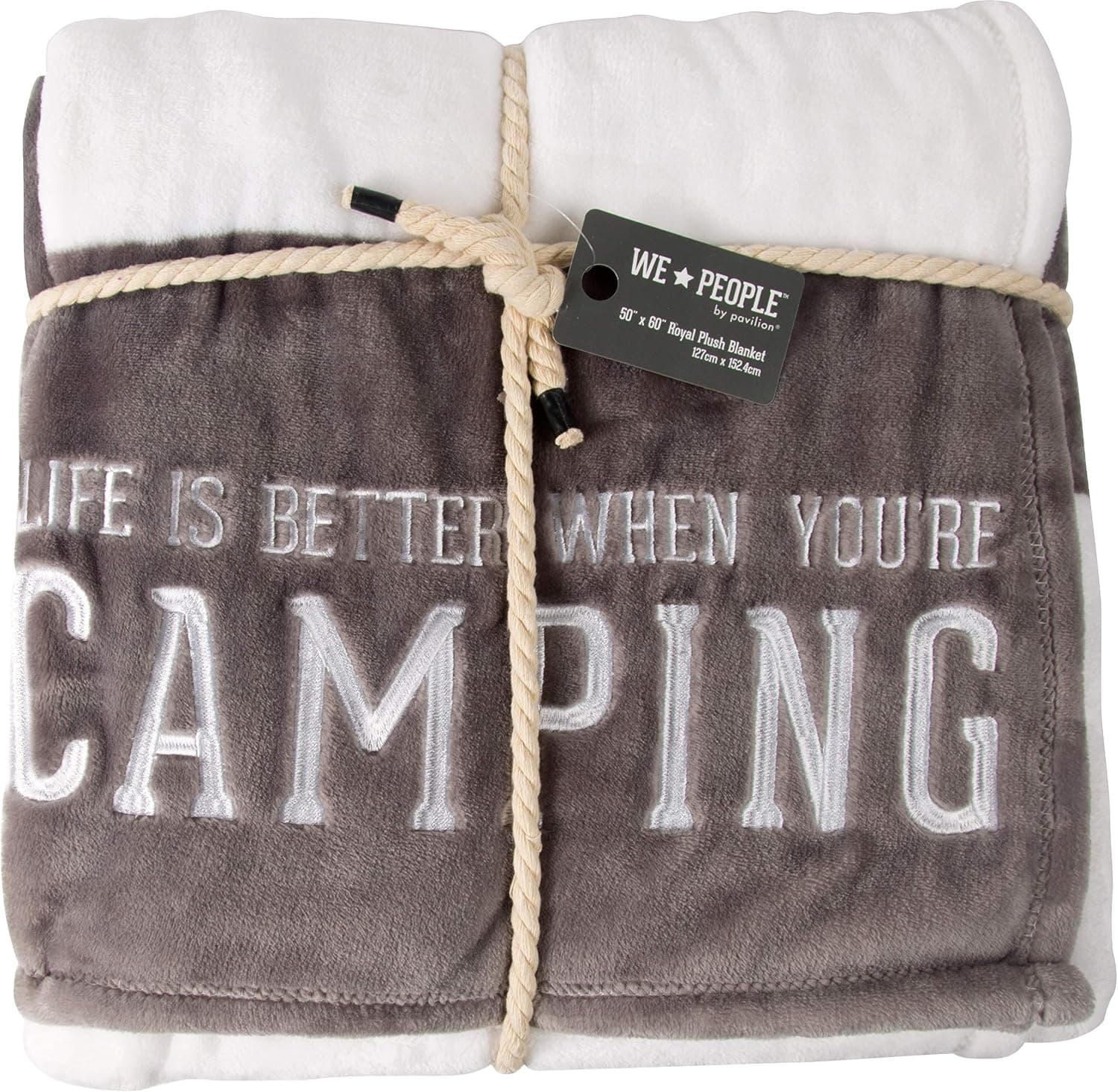 Pavilion Gift Company Life is Better When You're Camping-Gray & White Super Soft 50 x 60 Inch Striped Throw Embroidered Text 50" x 60" Royal Plush Blanket, Grey