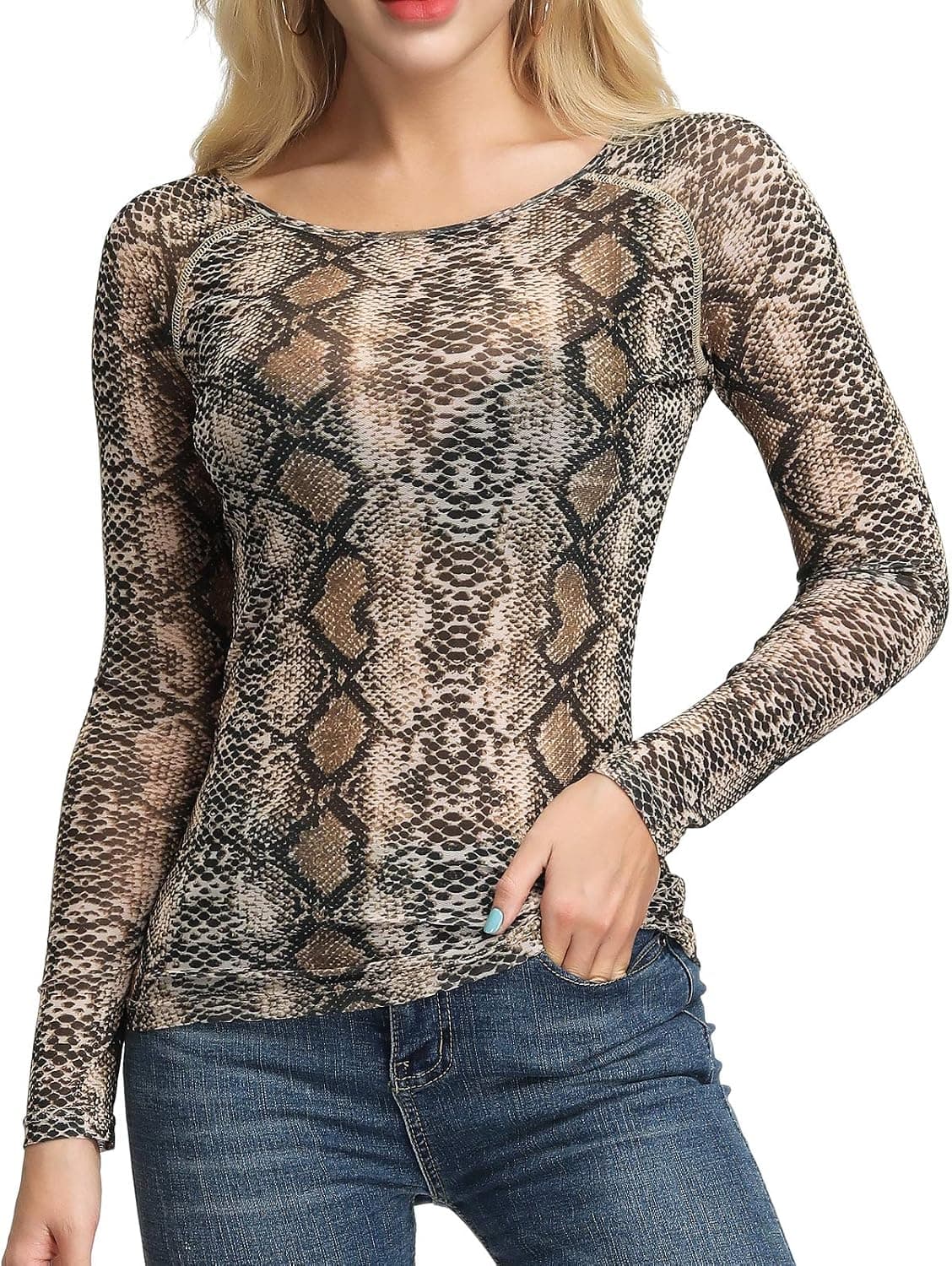 Women's Long Sleeve Snake Print See Through Blouse Top(2XL,Snake Print)