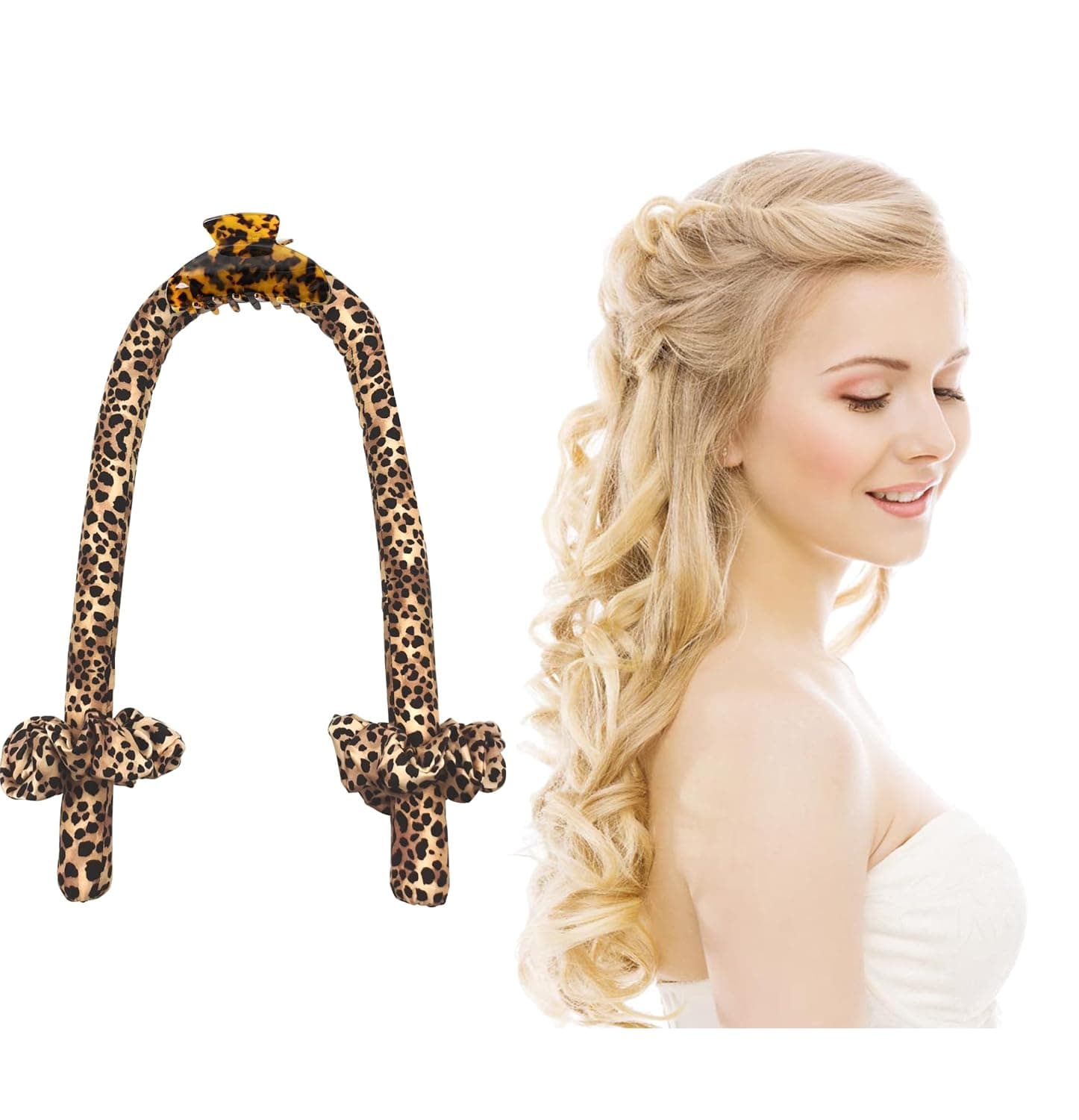Heatless Curling Headband Sleeping Scrunchie No Heat Curling Wand for Overnight Magic Air Curling Iron Curlers Sleeping Headband, Wavy Curly Wand Hair Styling Tool (Leopard)