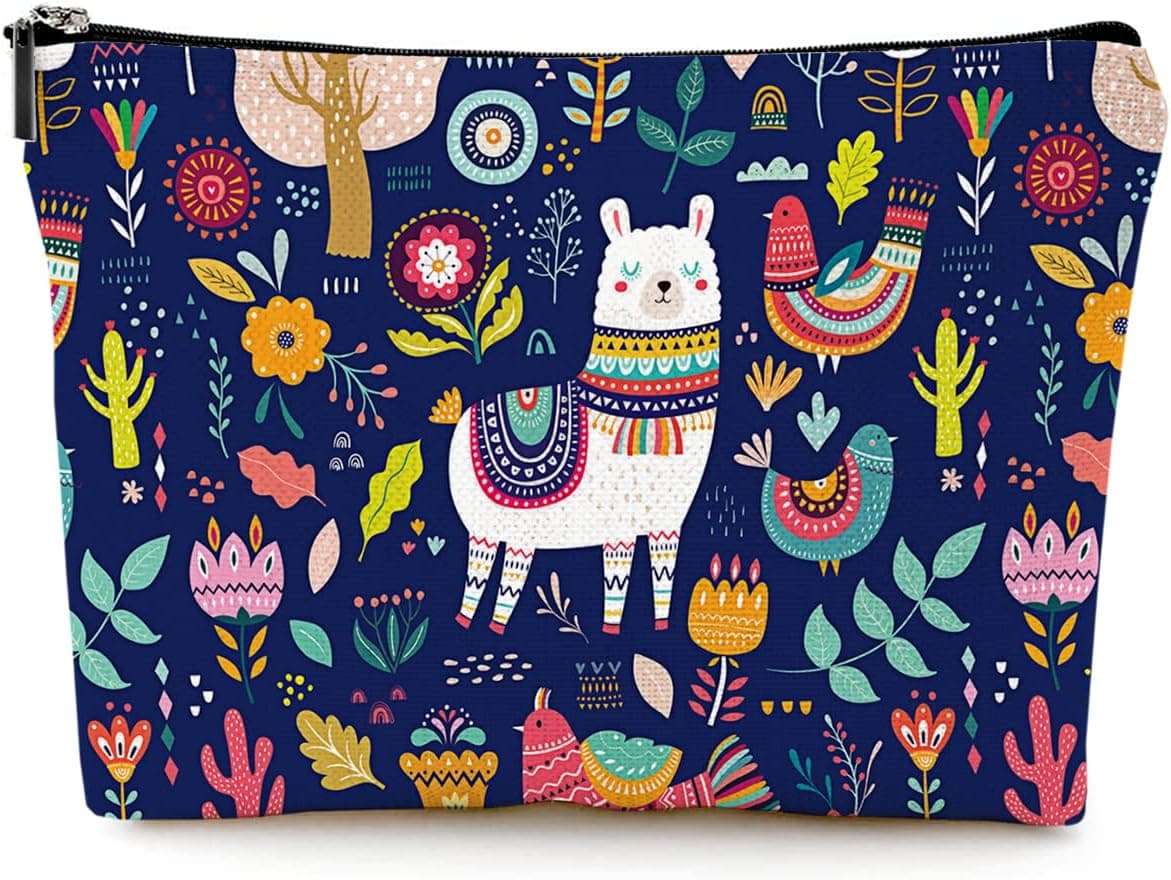 Givotin Cute Makeup Bag for Purse Canvas Waterproof Funny Cosmetic Bags for Women Zipper Travel Toiletry Pouch-Alpaca Makeup Bags-Navy