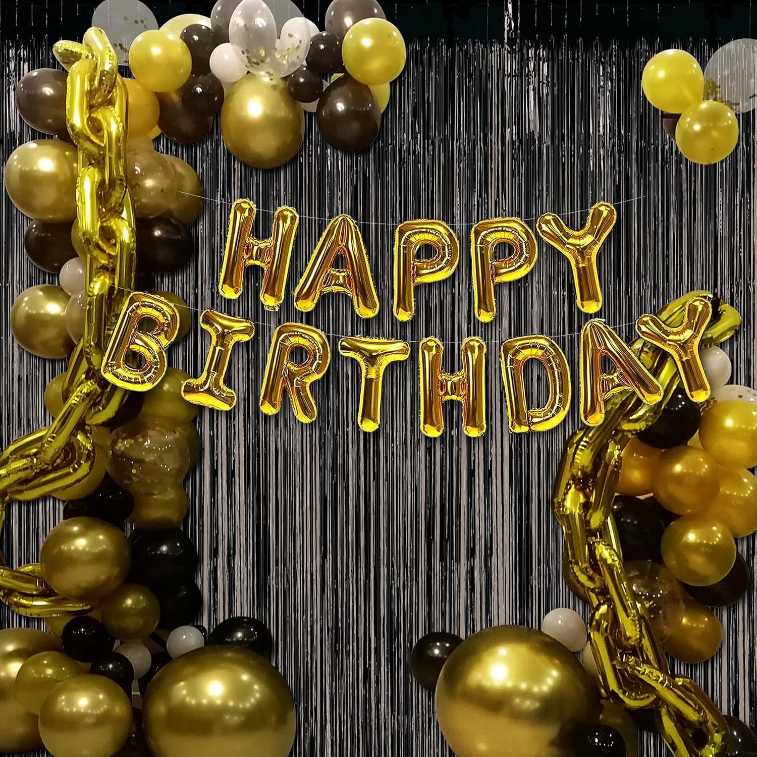 144pcs Luxurious black gold Birthday party supplies include 16inch Happy birthday bannerBlack gold balloon arch kit with luxury gold chain balloon,perfect for your Birthday party Decorations