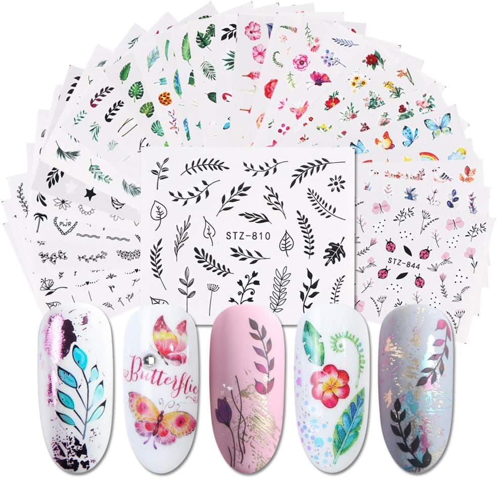Nail Stickers Decals for Nail Art - Flamingo Decor Butterfly Designer Nail Stickers for Acrylic Nails Water Transfer Leaf Flower Designs Decorations for Women Nail Tattoos for Gel Polish - 29 Sheets